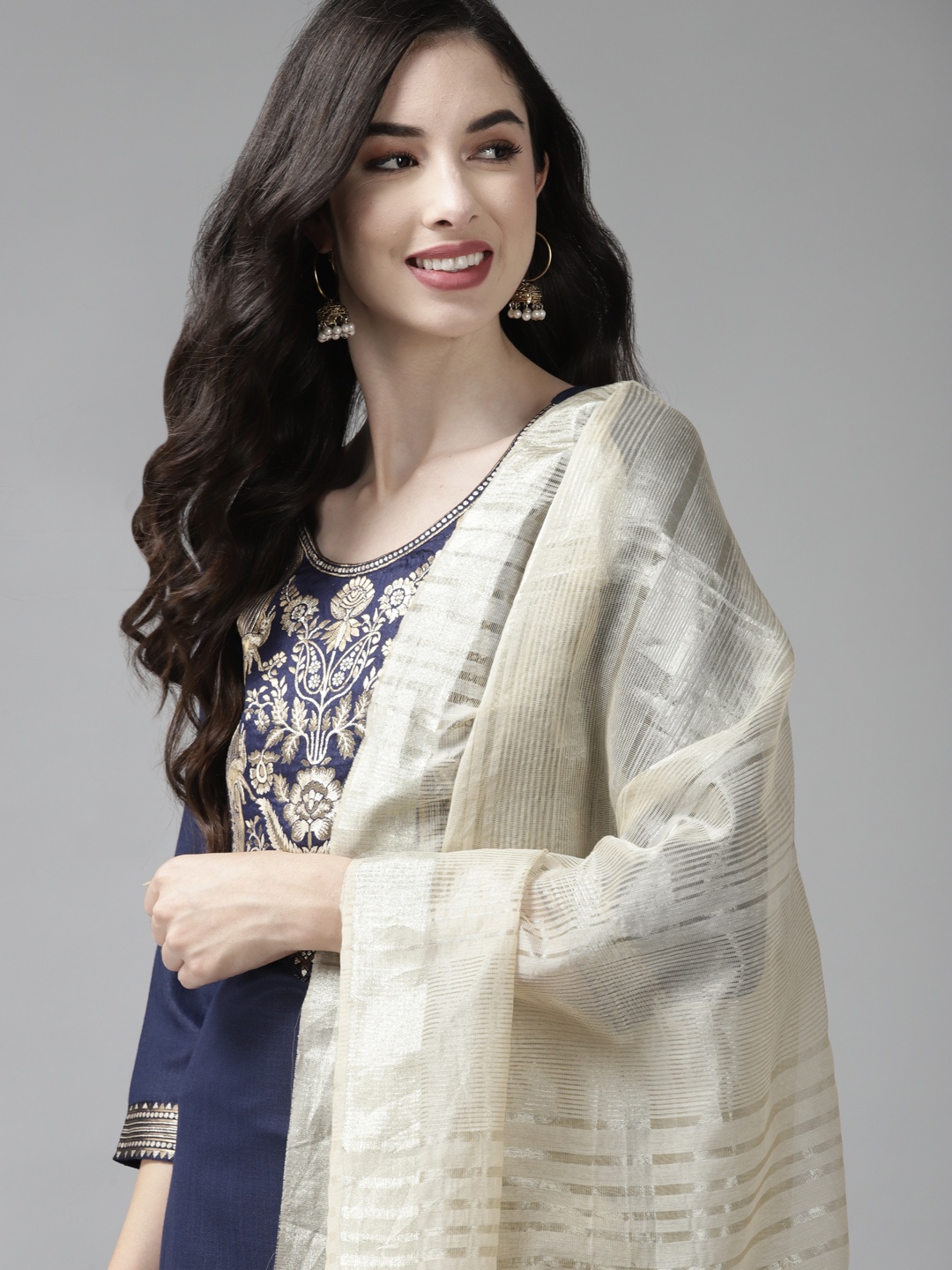 

Indo Era Women Navy Blue Yoke Design Regular Kurta with Palazzos & Dupatta