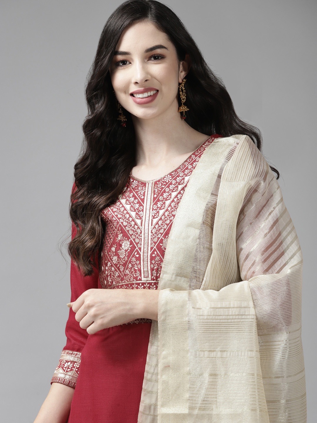 

Indo Era Women Maroon Yoke Design Regular Kurta with Palazzos & Dupatta
