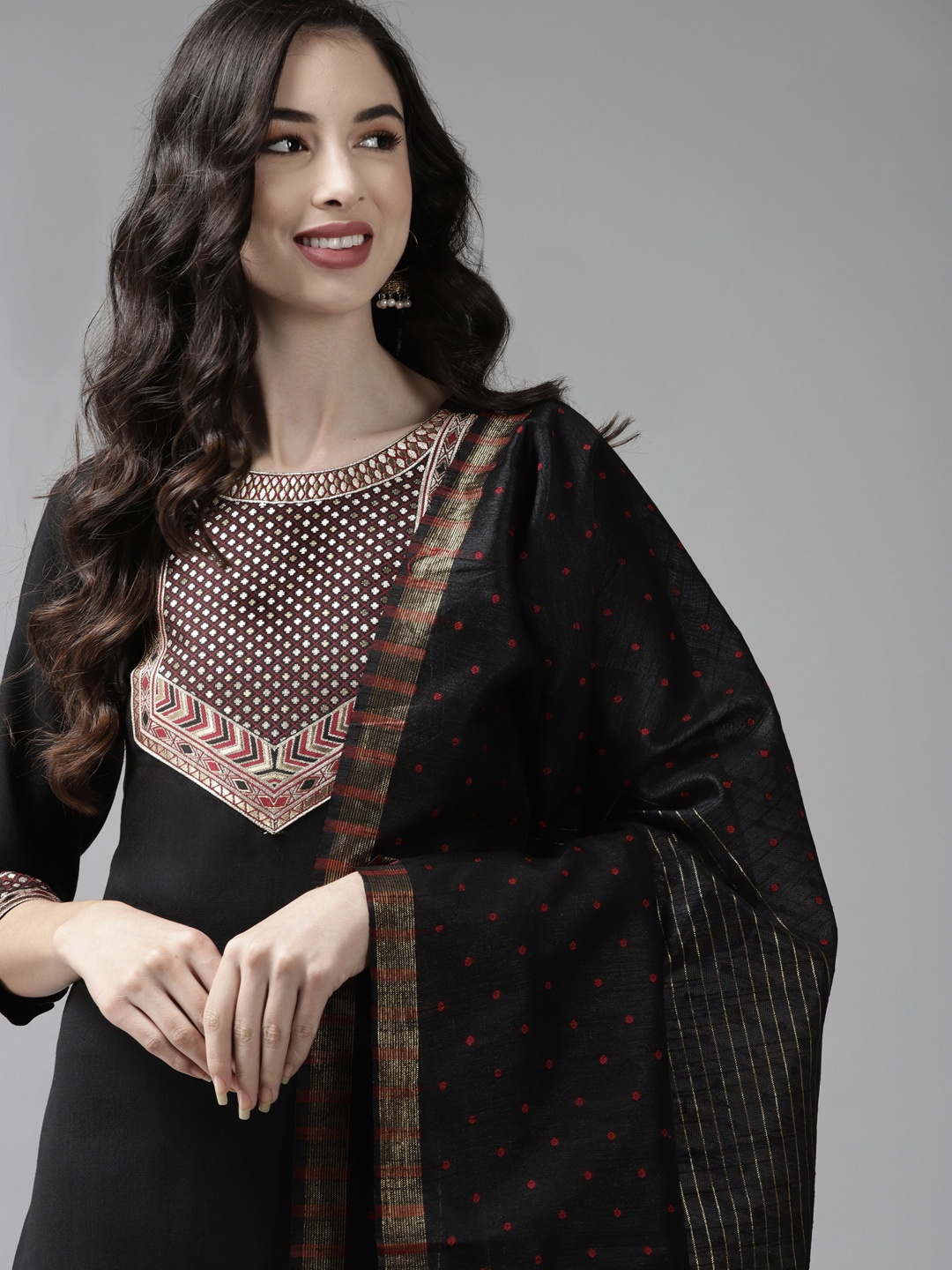 

Indo Era Women Black Yoke Design Regular Kurta with Palazzos & Dupatta