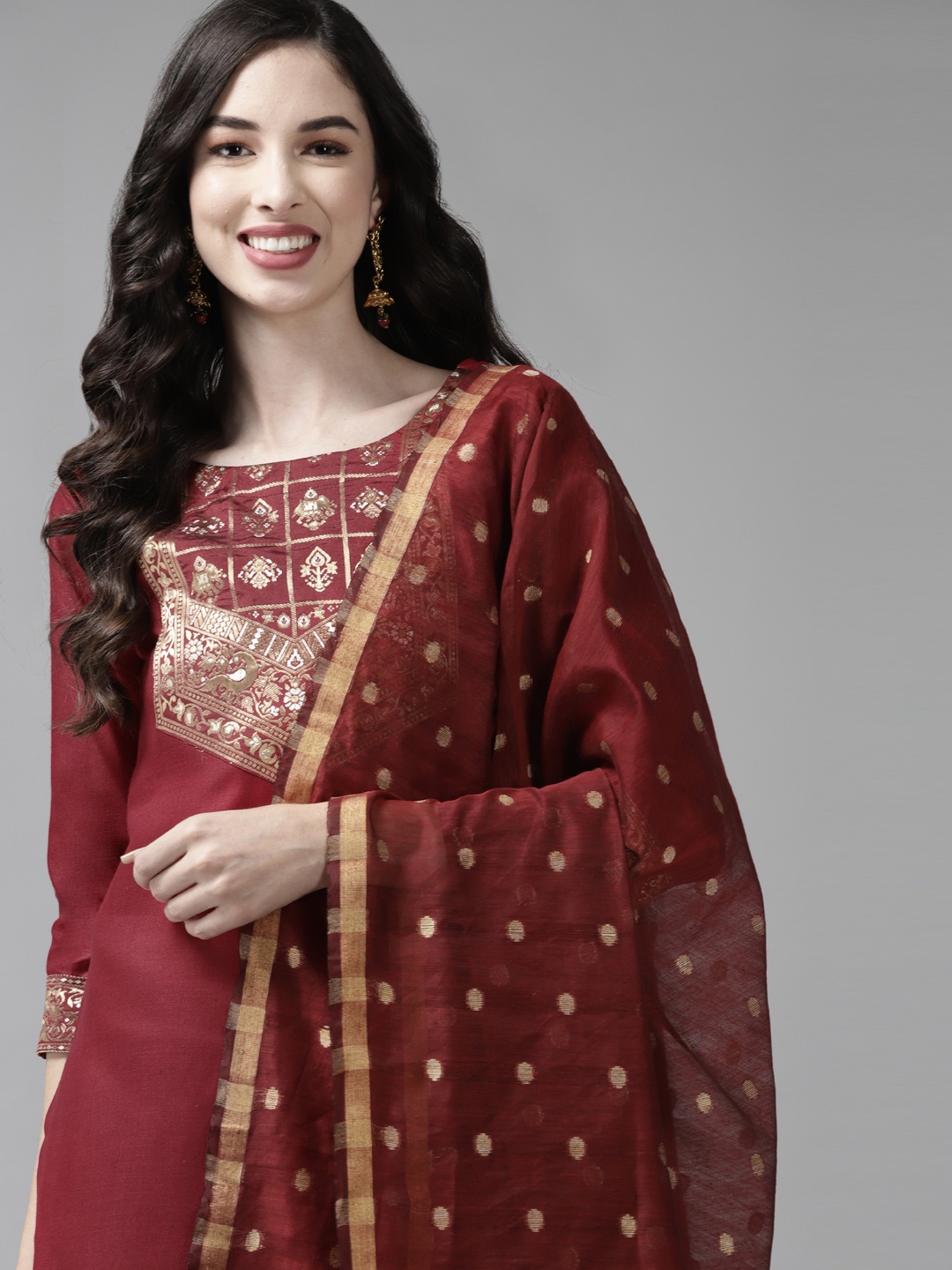 

Indo Era Women Maroon Yoke Design Regular Kurta with Palazzos & Dupatta