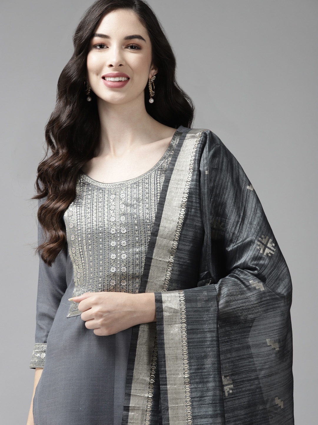 

Indo Era Women Grey Yoke Design Regular Kurta with Palazzos & Dupatta