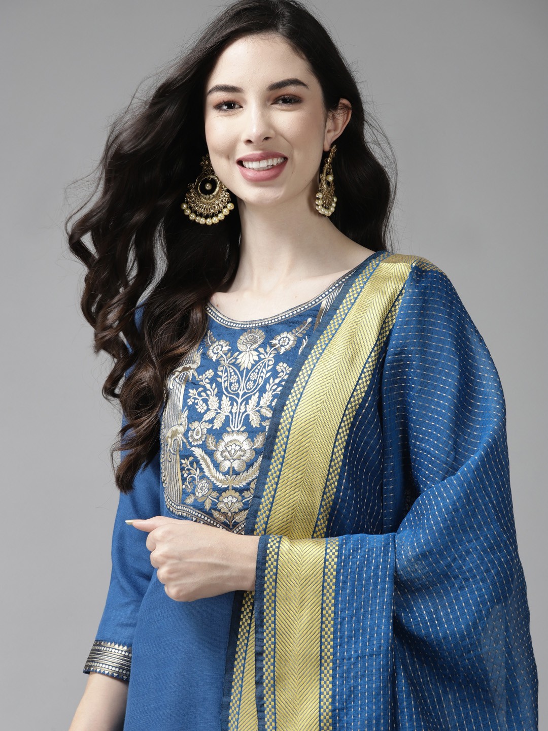 

Indo Era Women Blue Yoke Design Regular Kurta with Palazzos & Dupatta