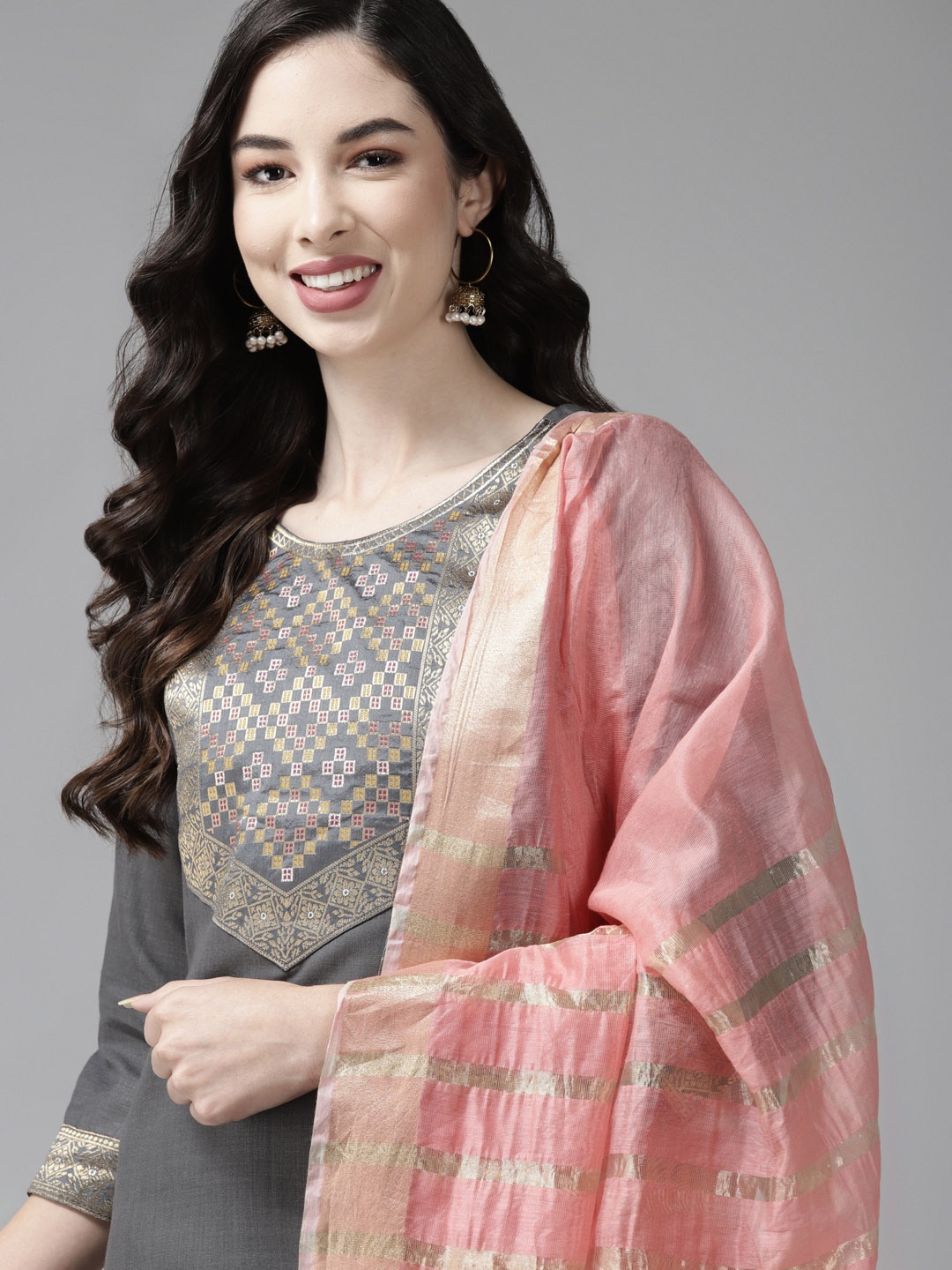 

Indo Era Women Grey Yoke Design Regular Kurta with Palazzos & Dupatta