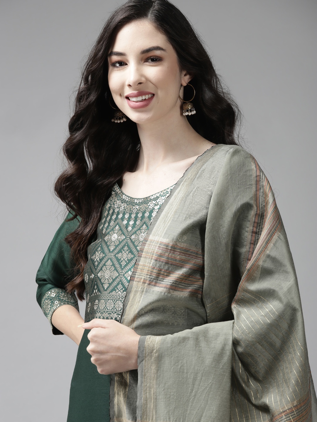 

Indo Era Women Green Yoke Design Regular Kurta with Palazzos & Dupatta