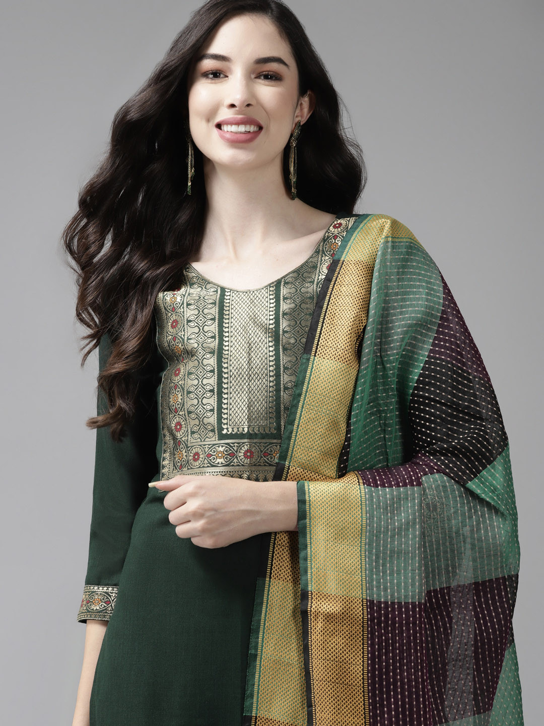 

Indo Era Women Green Yoke Design Regular Kurta with Palazzos & Dupatta
