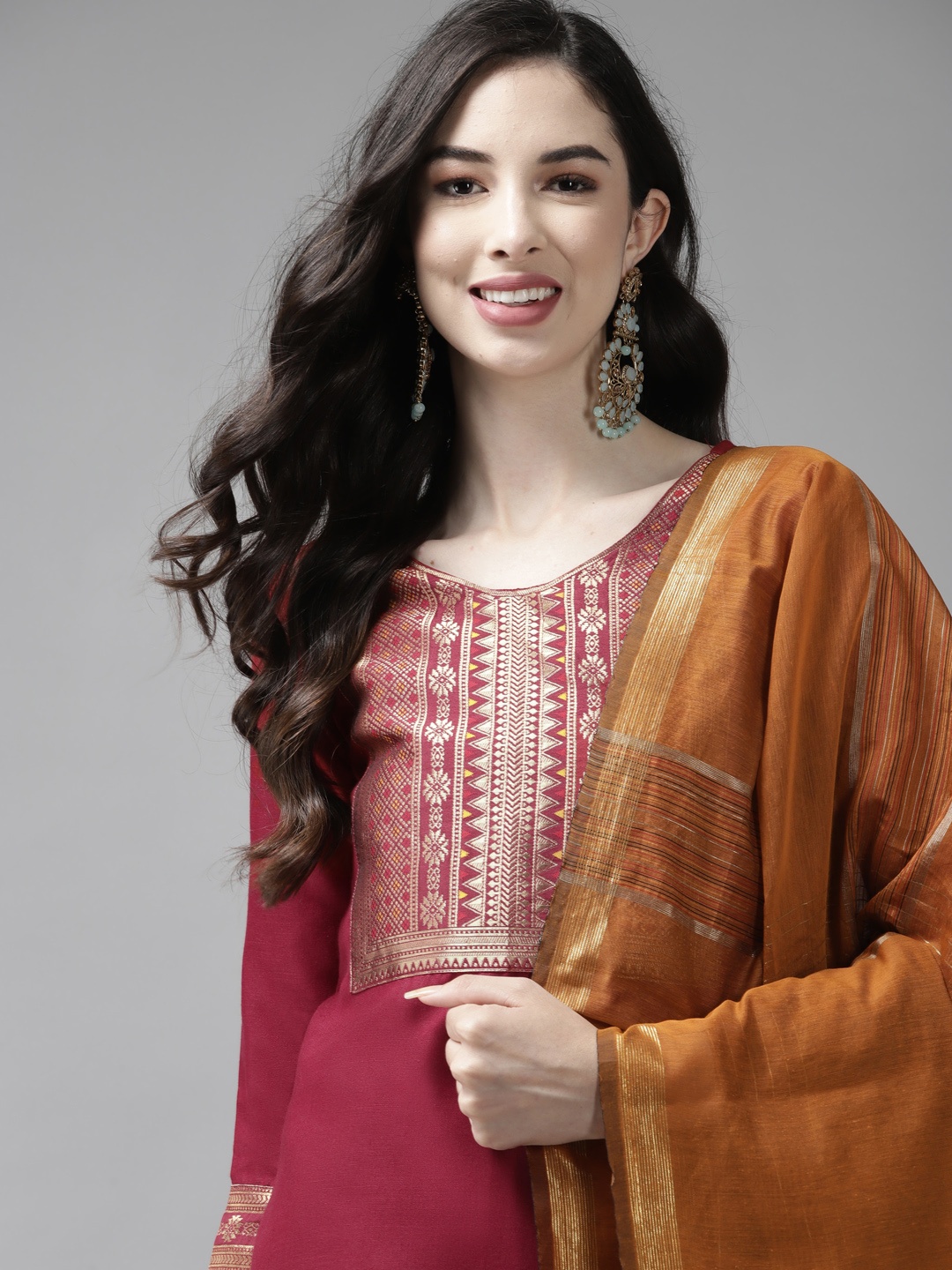 

Indo Era Women Maroon Yoke Design Regular Kurta with Palazzos & Dupatta