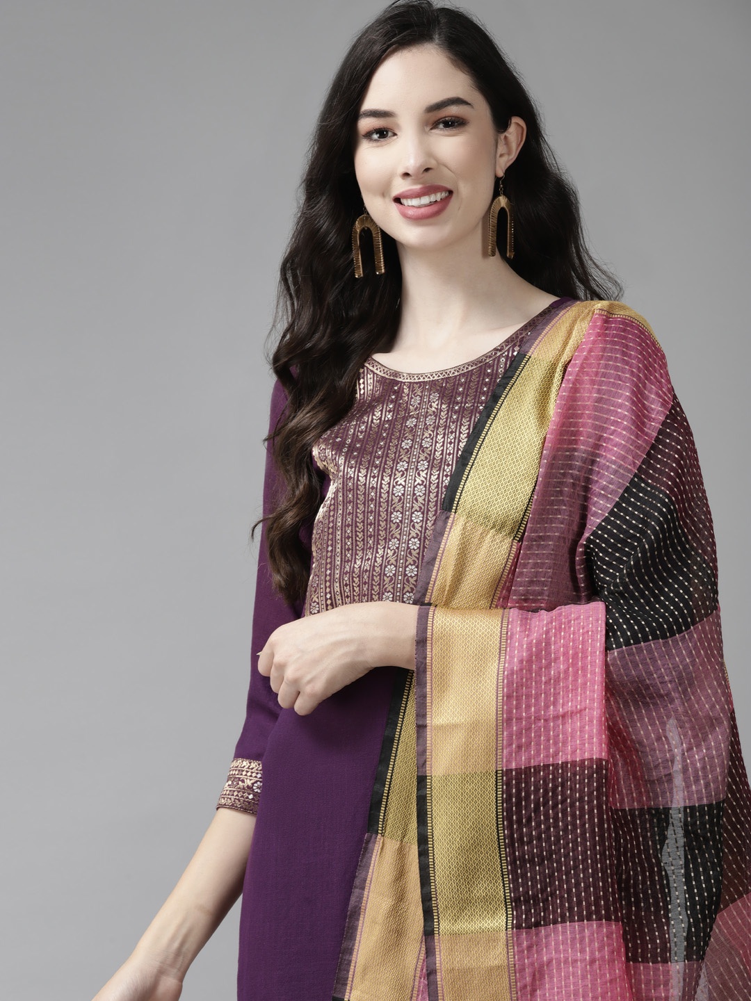 

Indo Era Women Magenta Yoke Design Regular Kurta with Palazzos & Dupatta