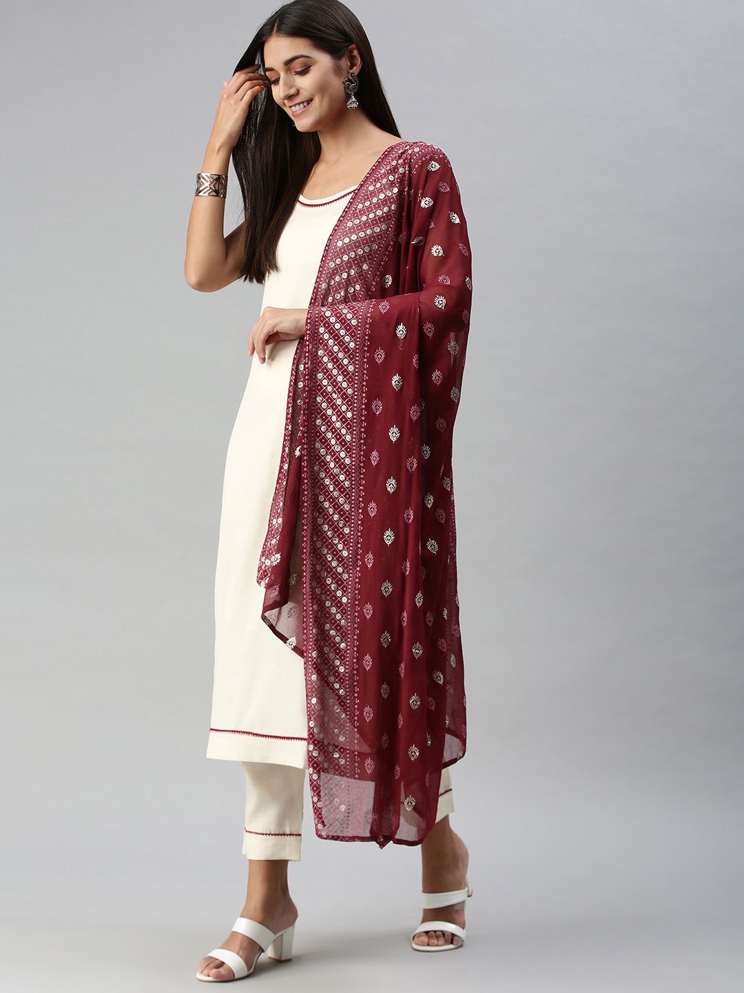 

SheWill Women White Regular Kurta with Trousers & With Dupatta