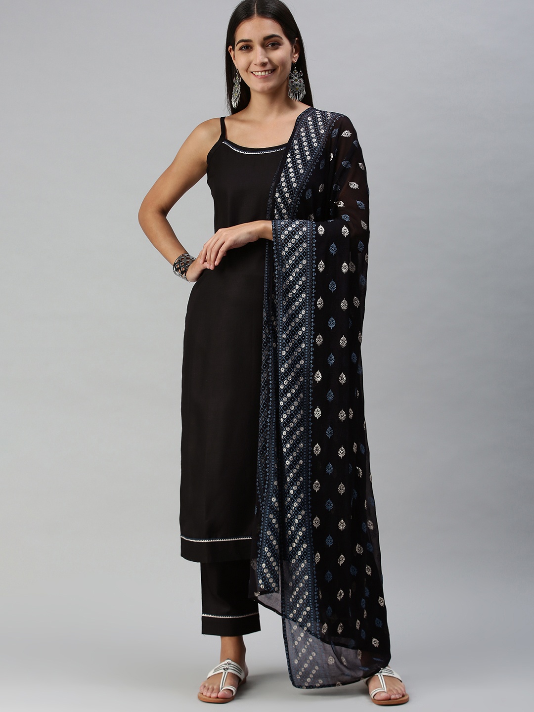 

SheWill Women Black Gotta Patti Regular Kurta with Trousers & With Dupatta