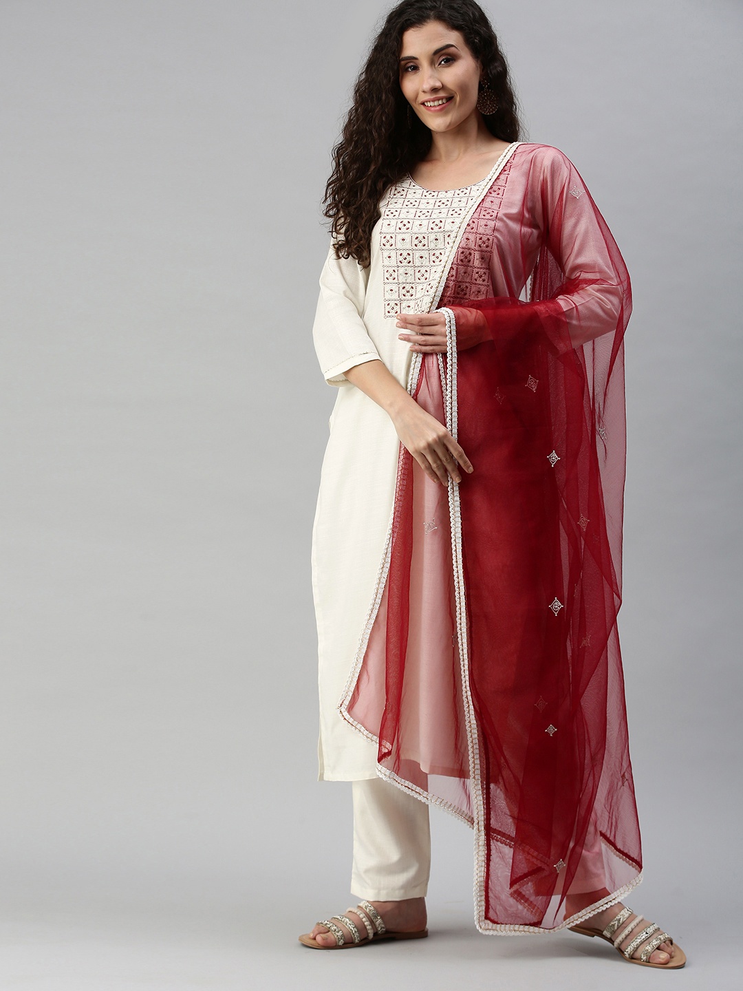 

SheWill Women White Yoke Design Regular Sequinned Kurta with Palazzos & With Dupatta