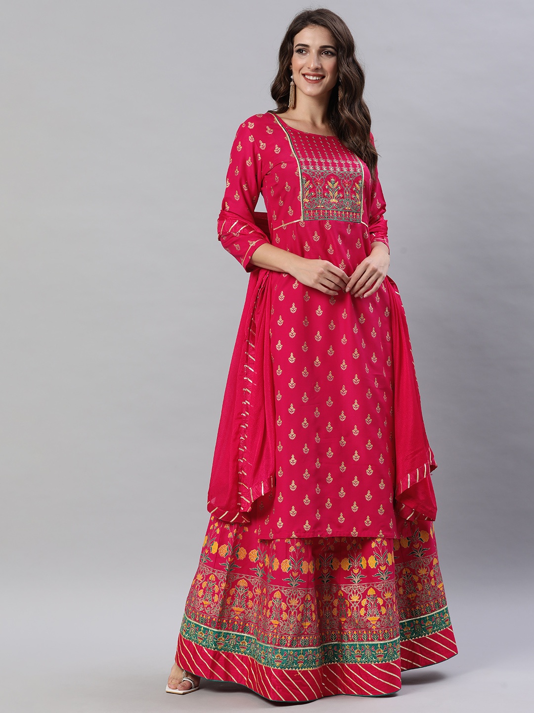 

SheWill Women Rose Pink Ethnic Motifs Foil Printed Gotta Patti Kurta with Skirt & Dupatta