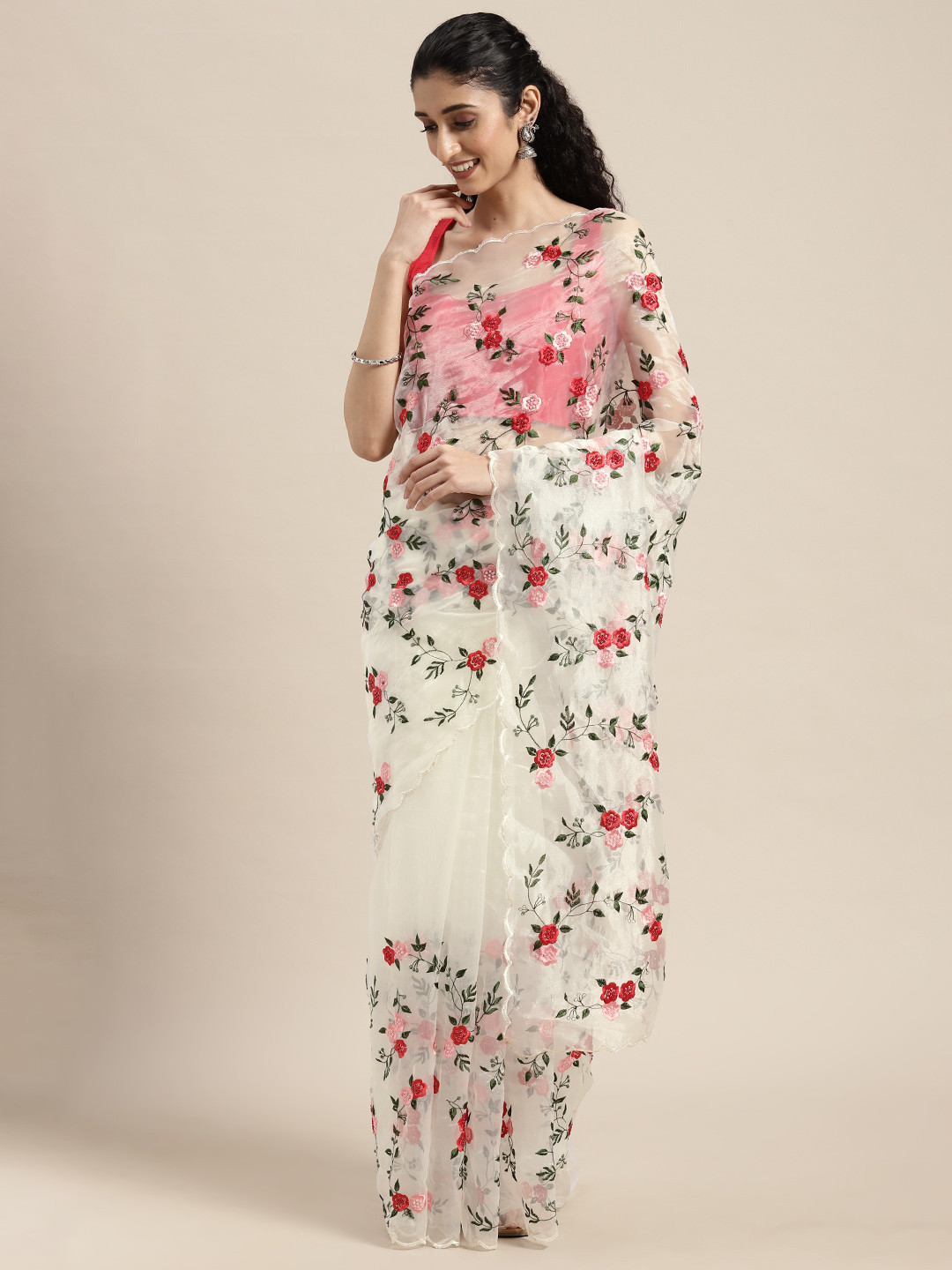 

VASTRANAND White Floral Embroidered Organza Saree