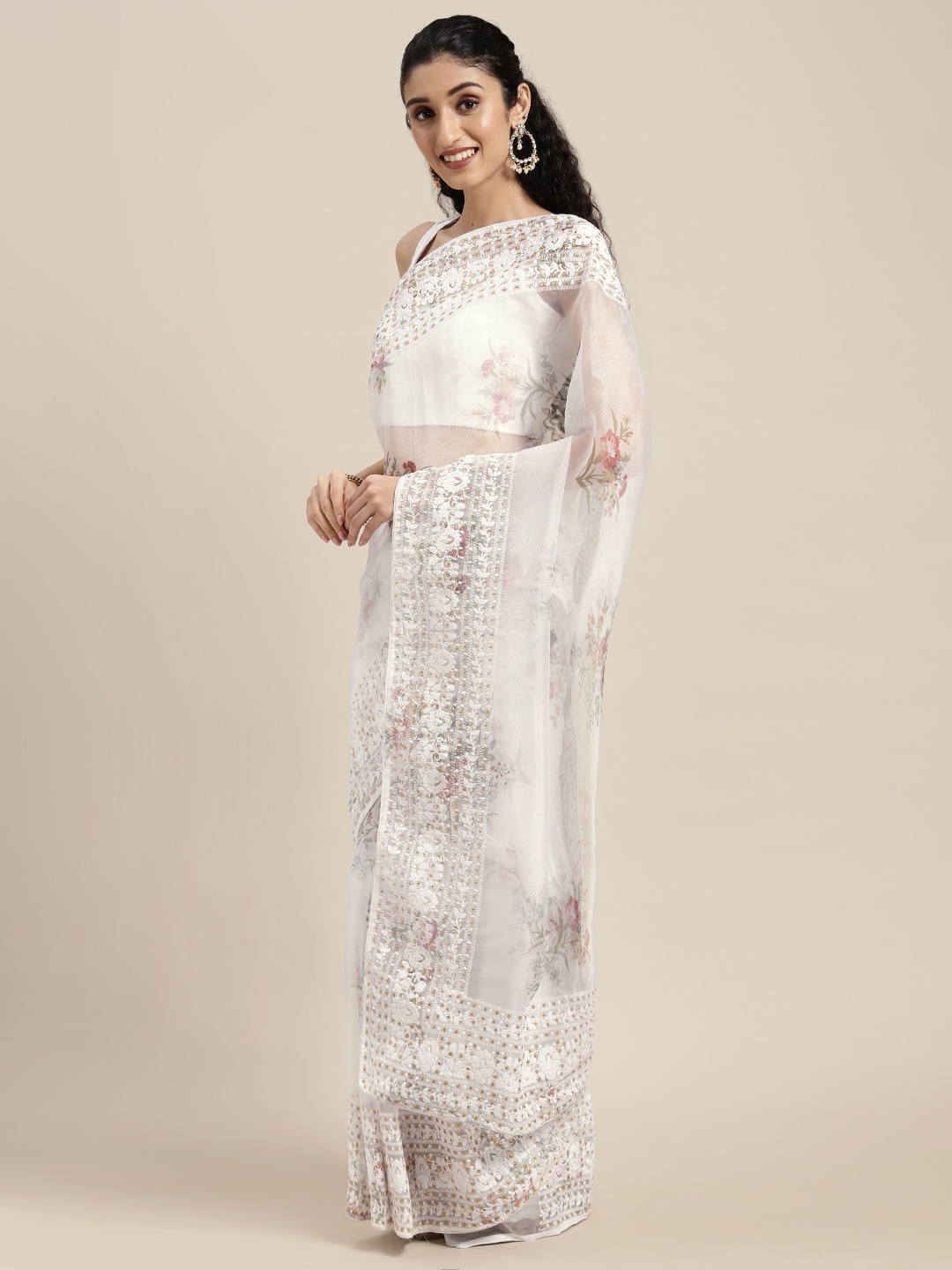 

VASTRANAND White Floral Chikankari Organza Saree