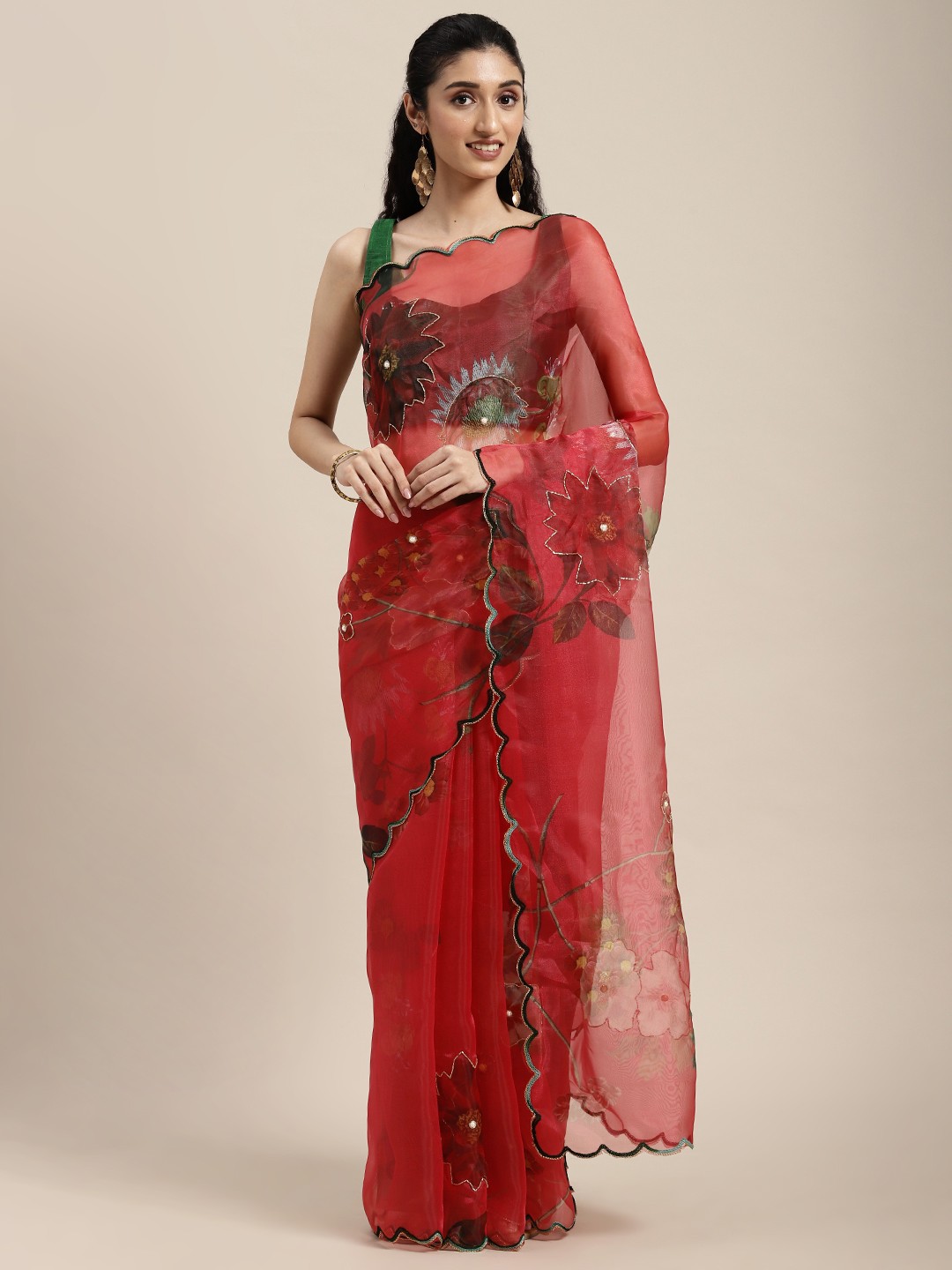 

VASTRANAND Maroon Floral Beads and Stones Organza Saree