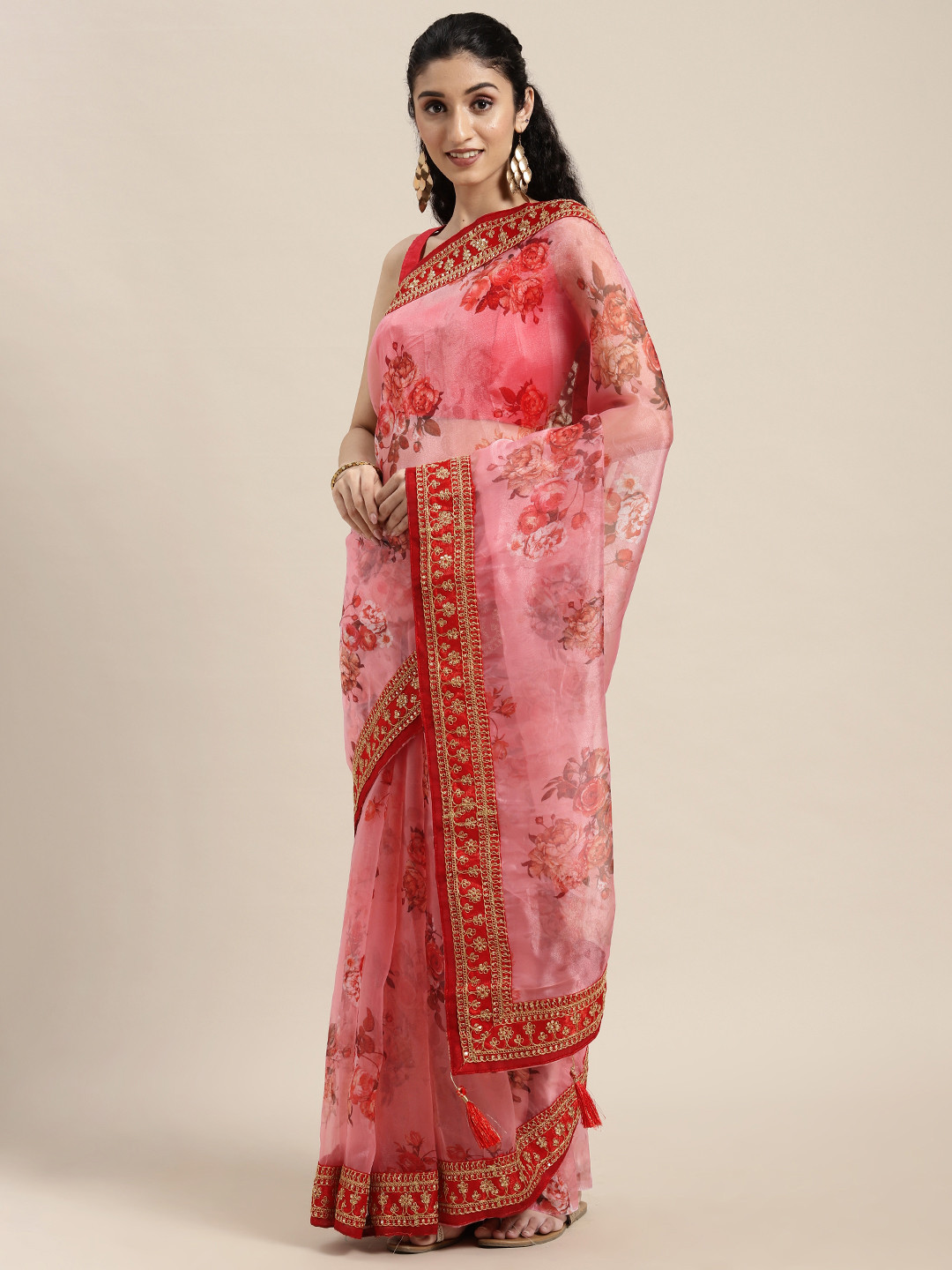 

VASTRANAND Pink Floral Printed Embroidered Organza Saree