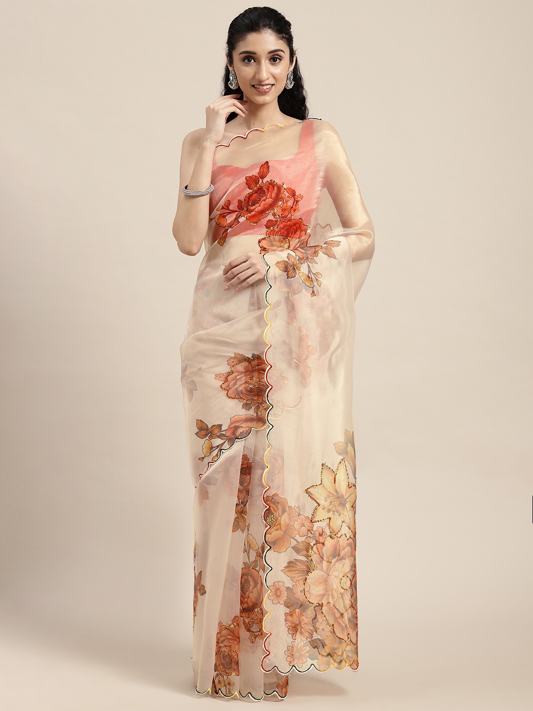 

VASTRANAND Cream-Coloured & Red Floral Sequinned Zoya Organza Saree