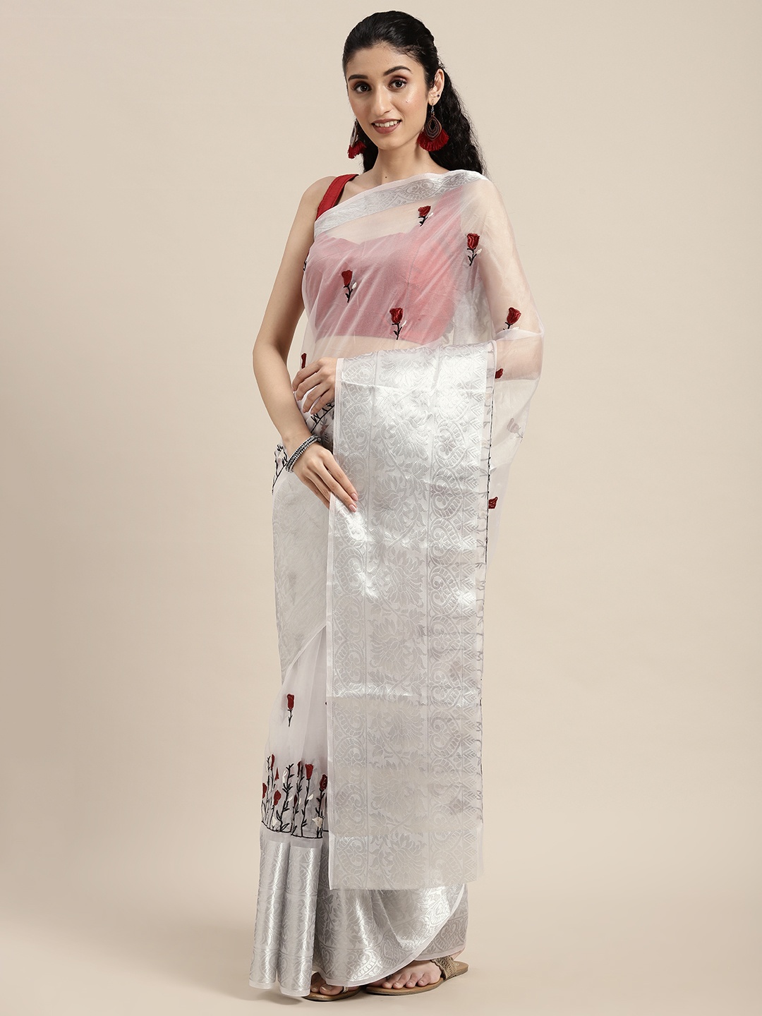 

VASTRANAND White Floral Embroidered Organza Saree