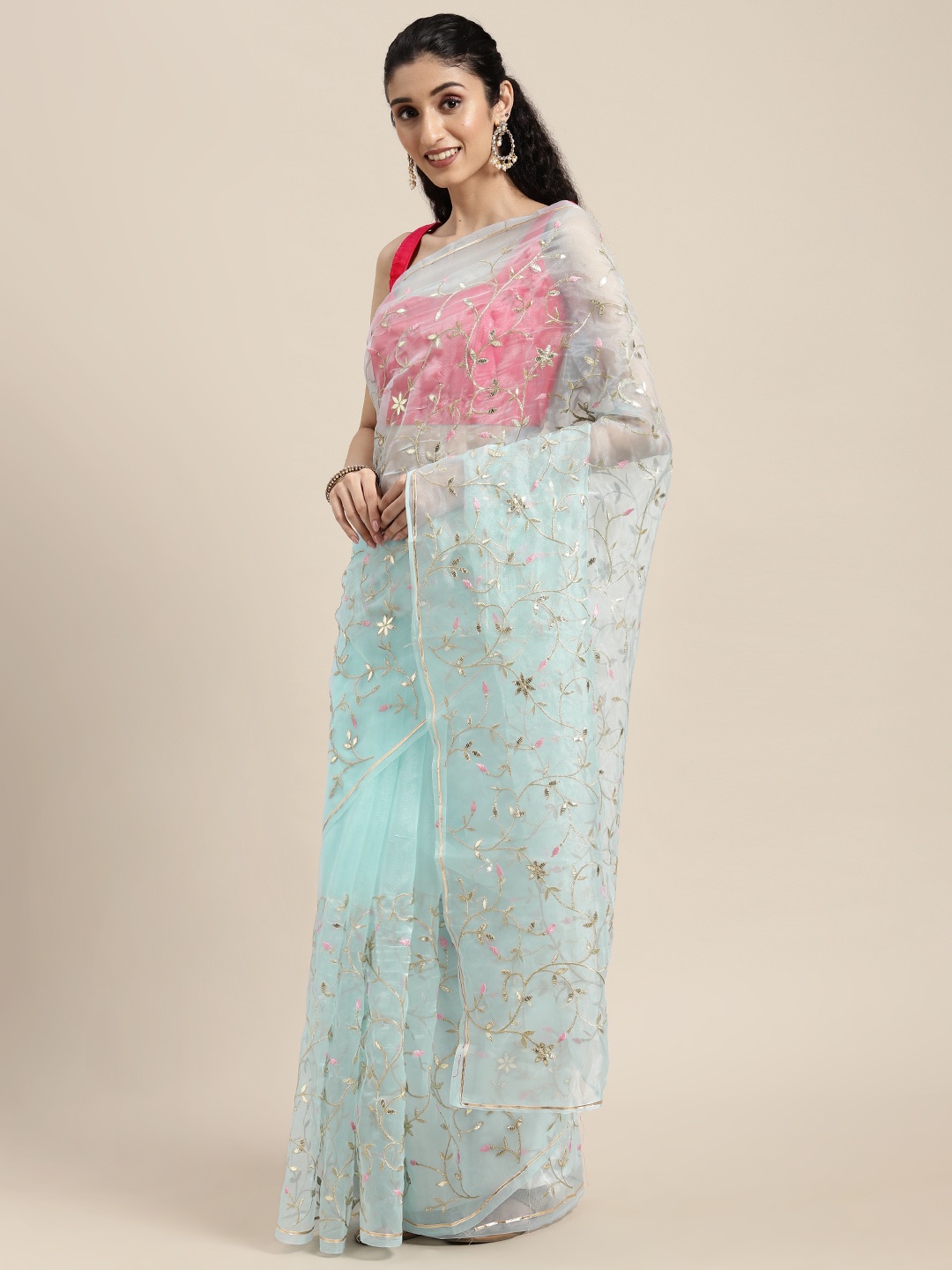 

VASTRANAND Blue Ethnic Motifs Jaali Organza Saree