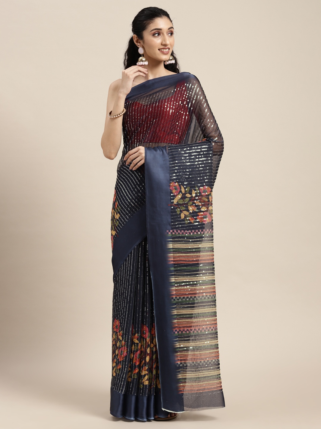 

VASTRANAND Navy Blue & Orange Sequinned Satin Saree