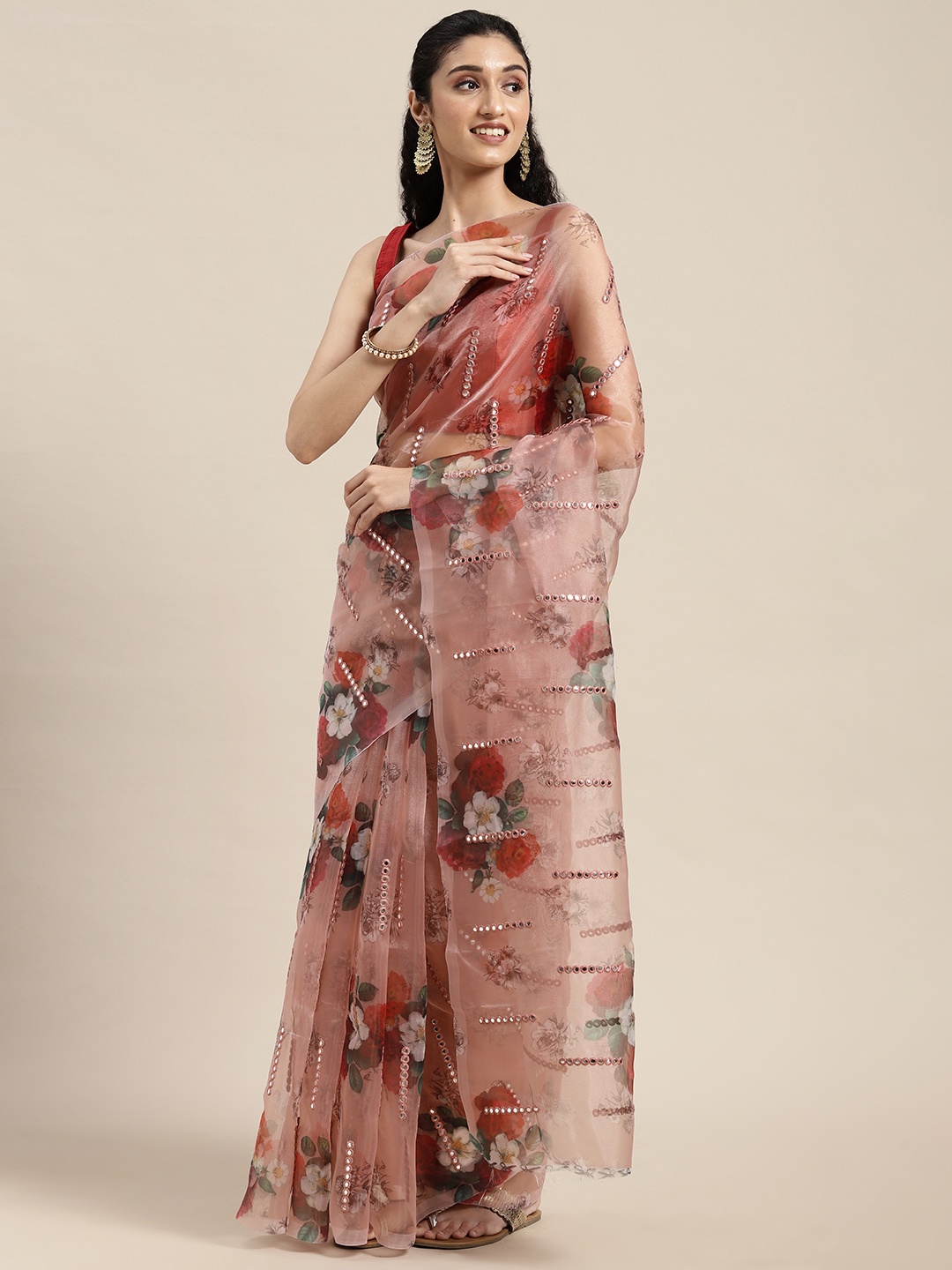 

VASTRANAND Peach-Coloured Floral Mirror Work Organza Saree