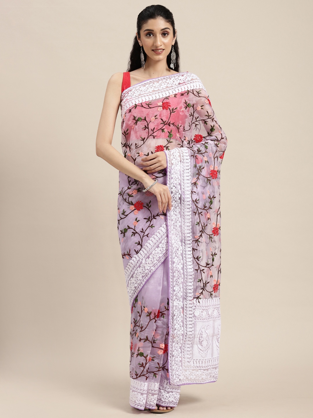 

VASTRANAND Lavender Floral Chikankari Organza Saree