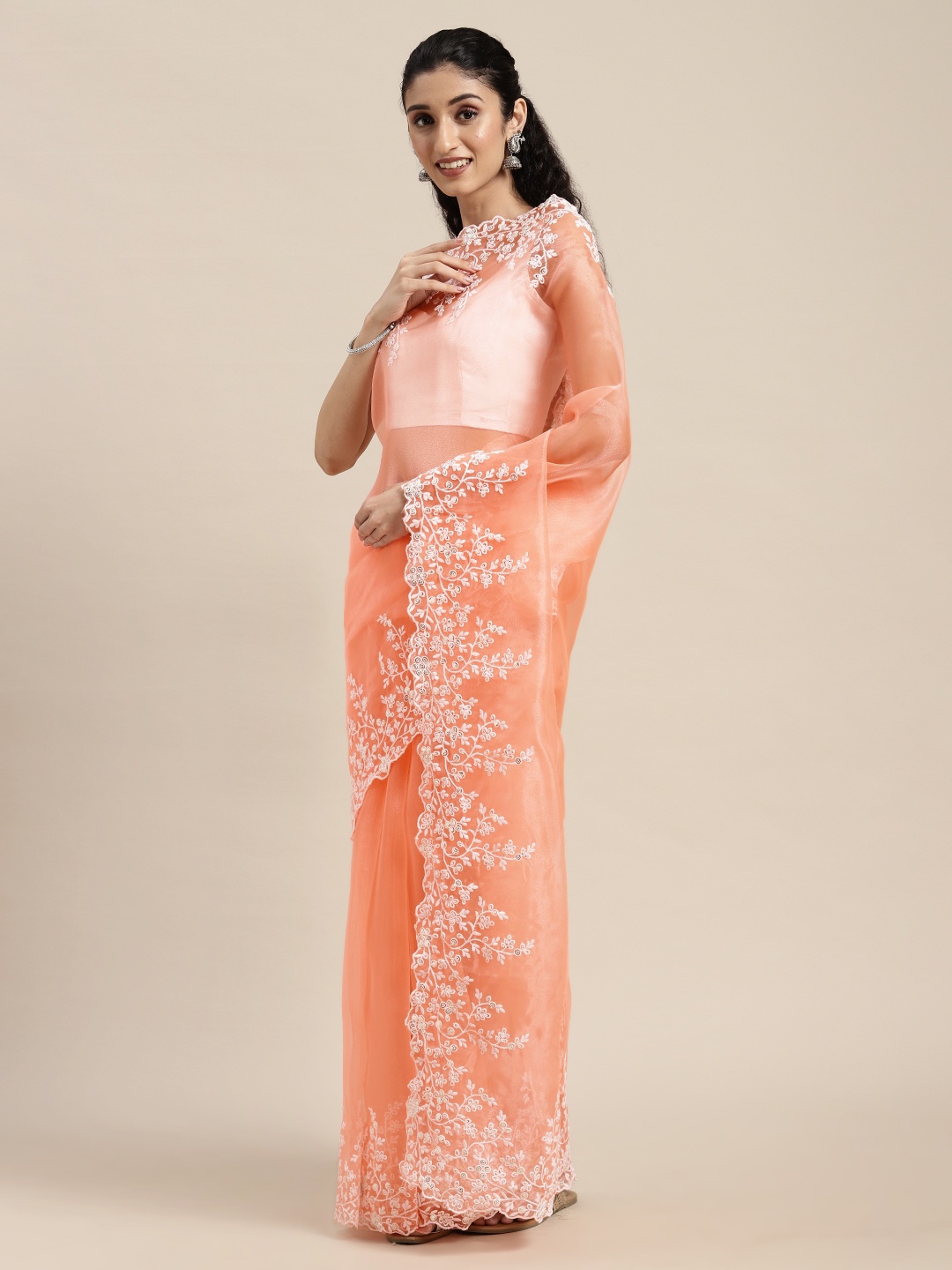 

VASTRANAND Orange Woven Design Embroidered Organza Saree