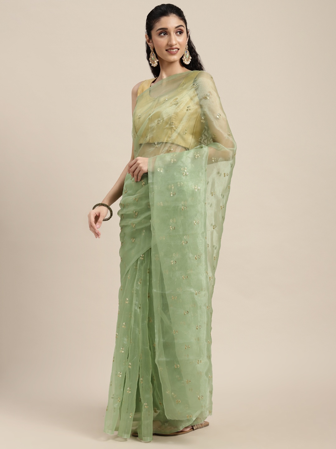 

VASTRANAND Green Woven Design Aari Work Organza Saree