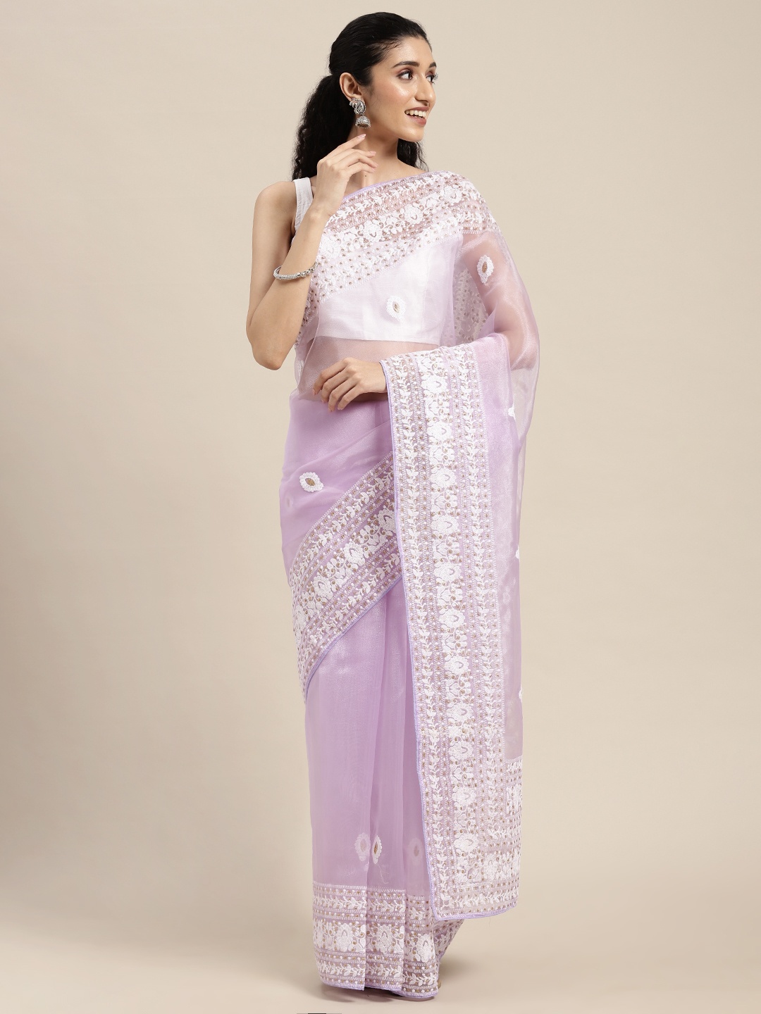 

VASTRANAND Lavender Woven Design Chikankari Organza Saree