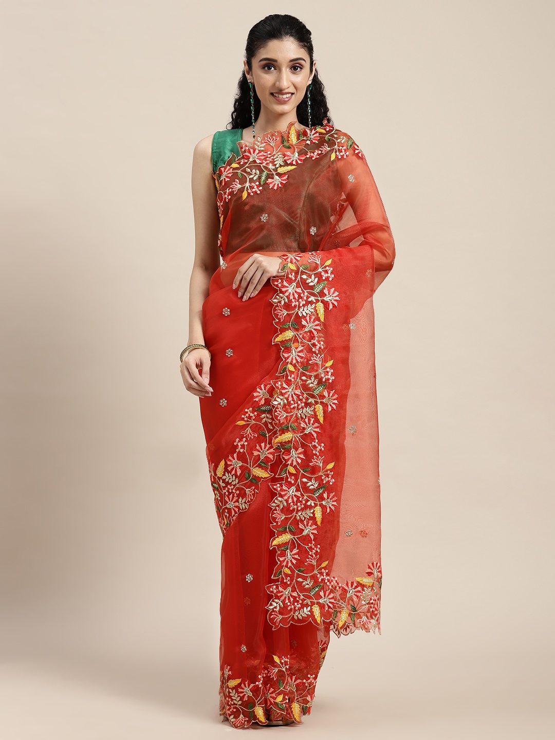 

VASTRANAND Red Floral Embroidered Organza Saree