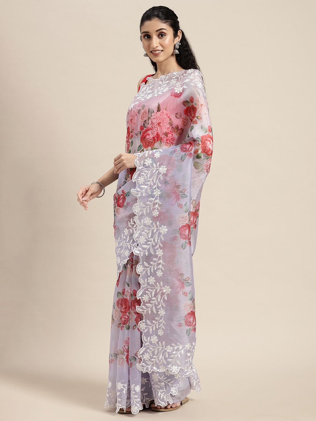 

VASTRANAND Lavender & Red Floral Embroidered Organza Saree