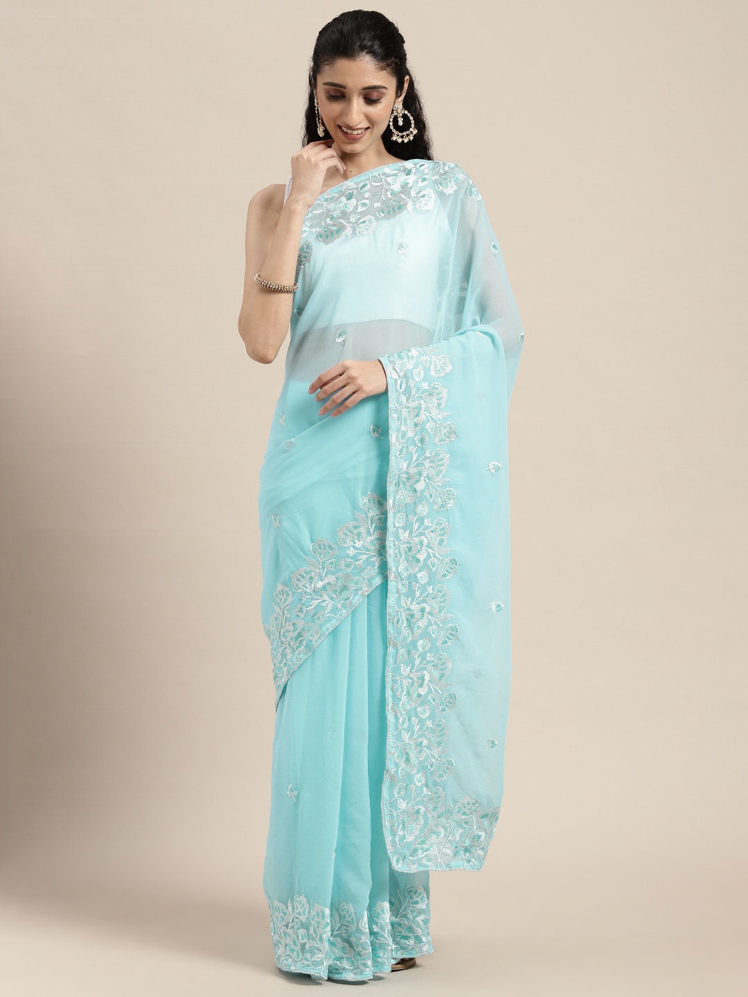 

VASTRANAND Blue Floral Embroidered Party Wear Saree