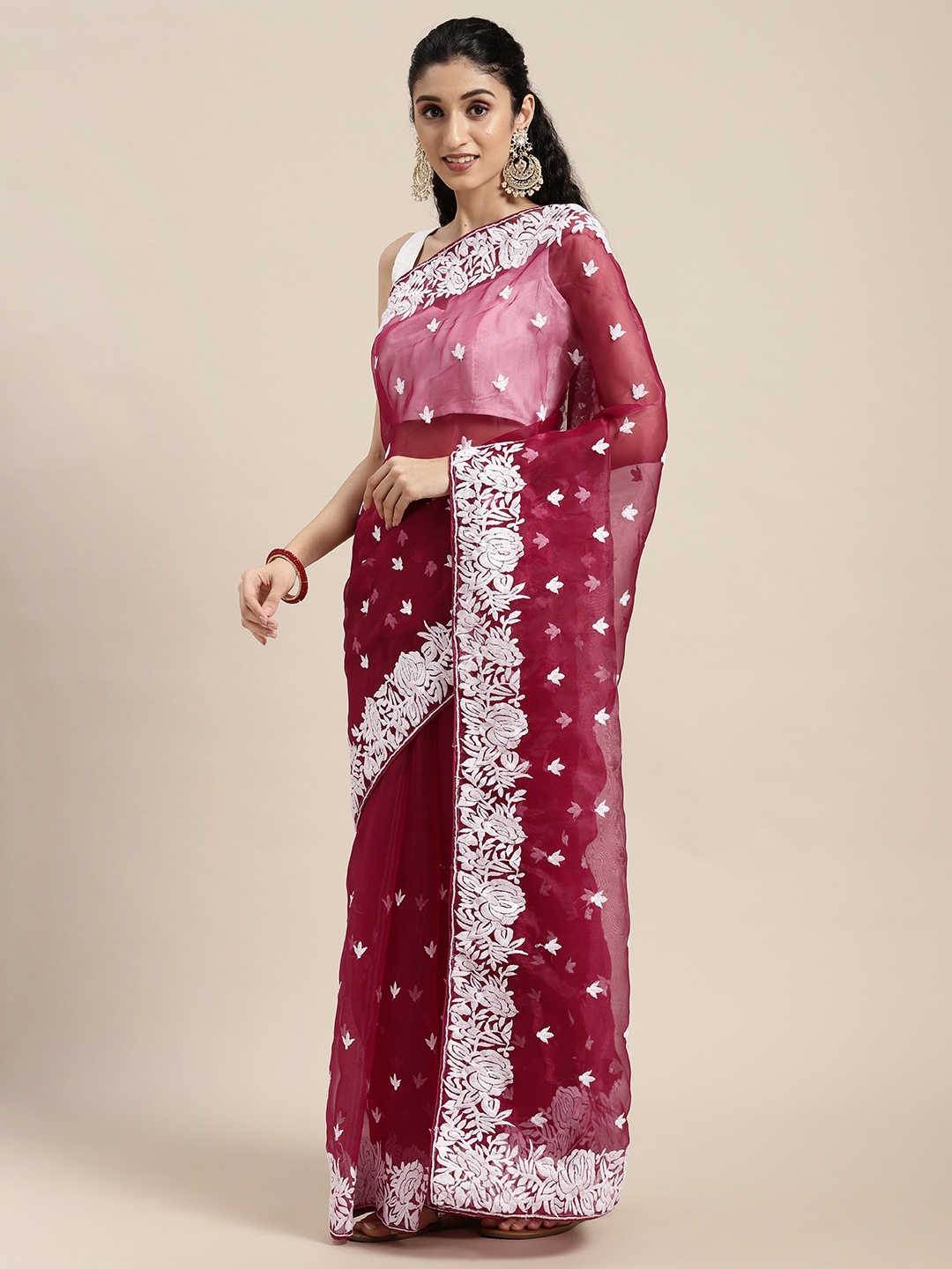 

VASTRANAND Burgundy Woven Design Embroidered Organza Saree