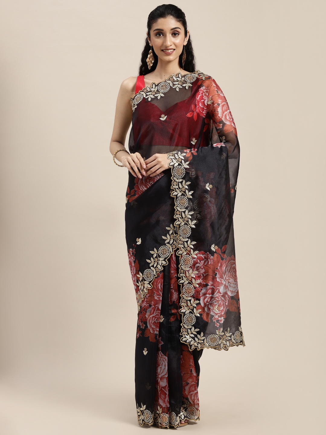 

VASTRANAND Black Floral Beads and Stones Organza Saree