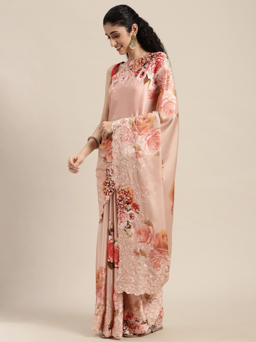 

VASTRANAND Peach-Coloured & Orange Floral Embroidered Satin Saree