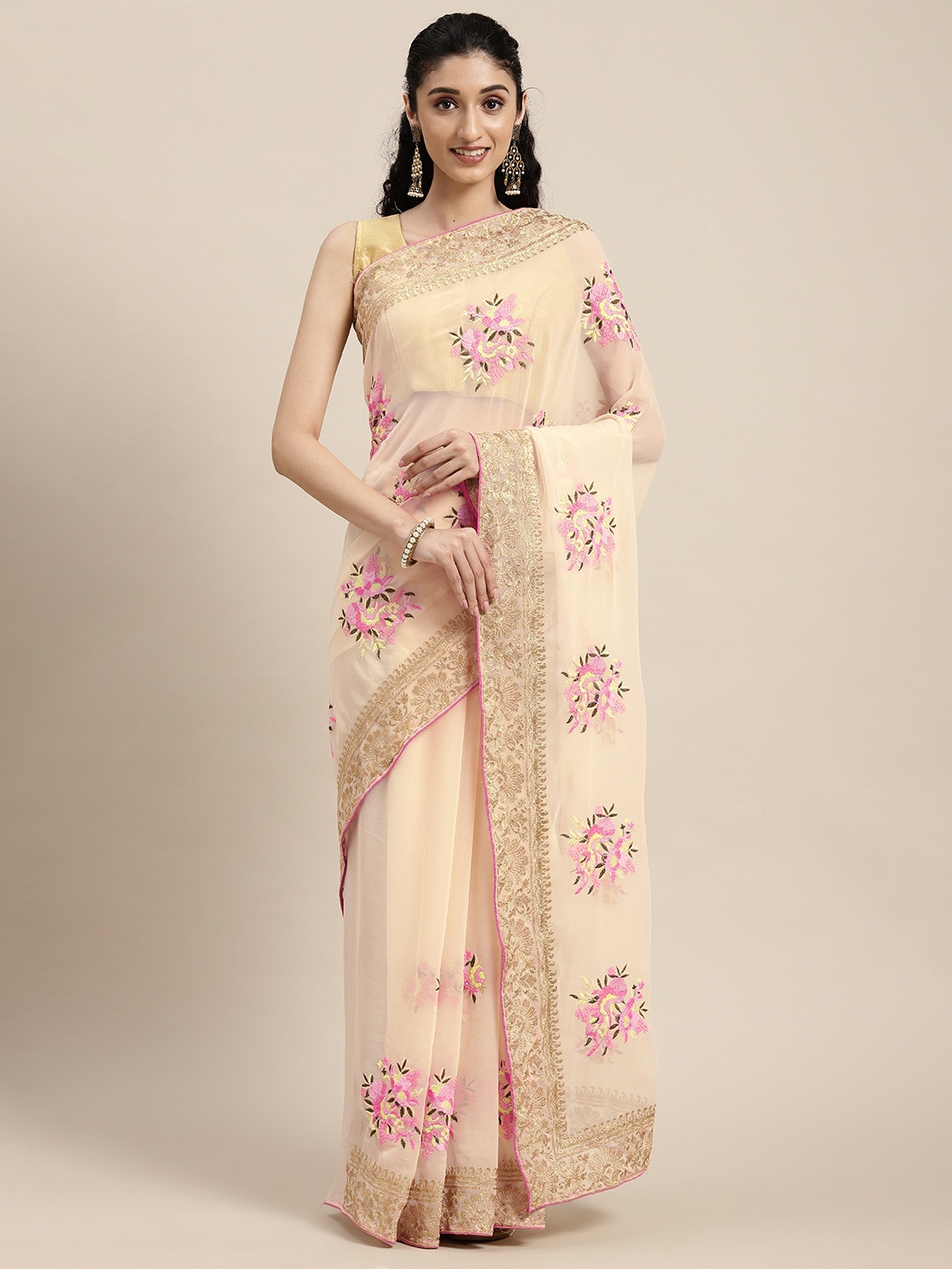 

VASTRANAND Cream-Coloured & Pink Floral Embroidered Georgette Saree