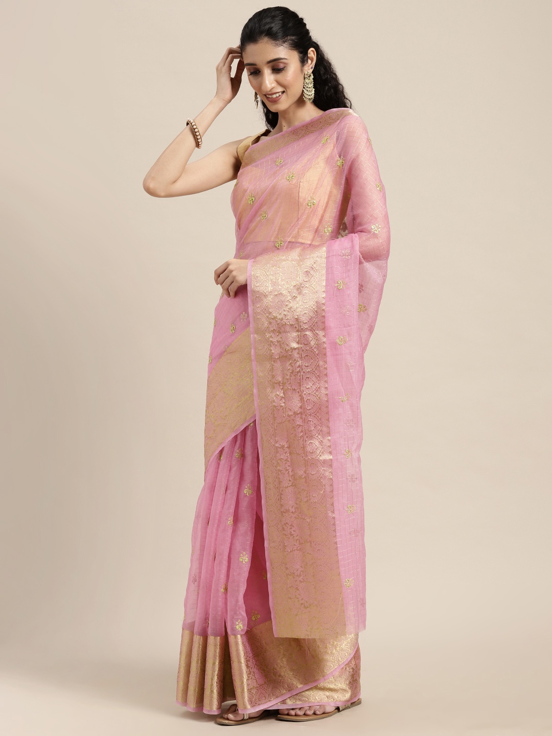 

VASTRANAND Pink Woven Design Embroidered Organza Saree