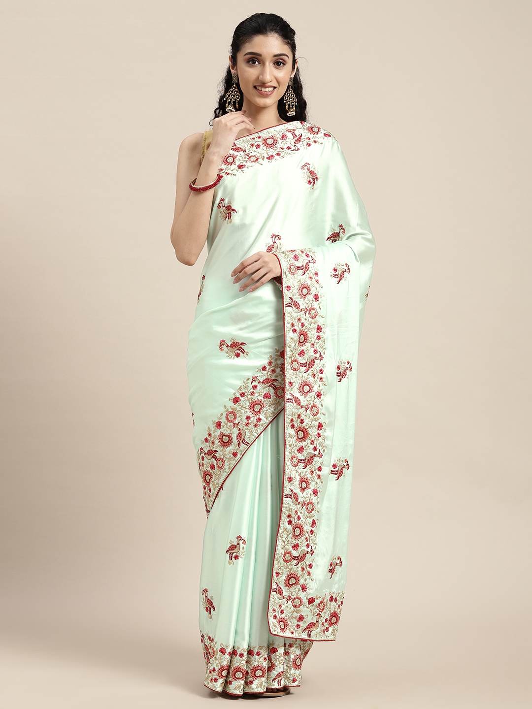 

VASTRANAND Turquoise Blue Ethnic Motifs Zari Satin Saree