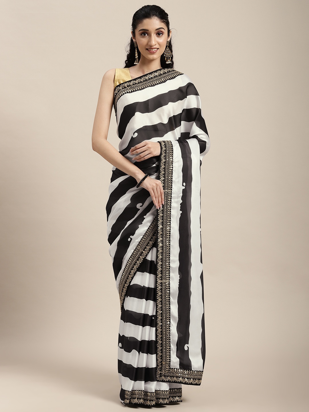 

VASTRANAND Black & White Stripes Work Satin Saree