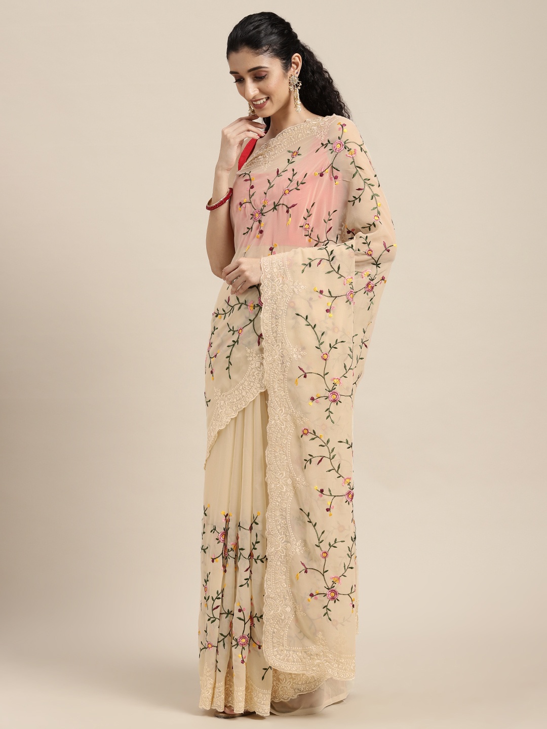 

VASTRANAND Cream-Coloured Paisley Embroidered Pure Georgette Saree