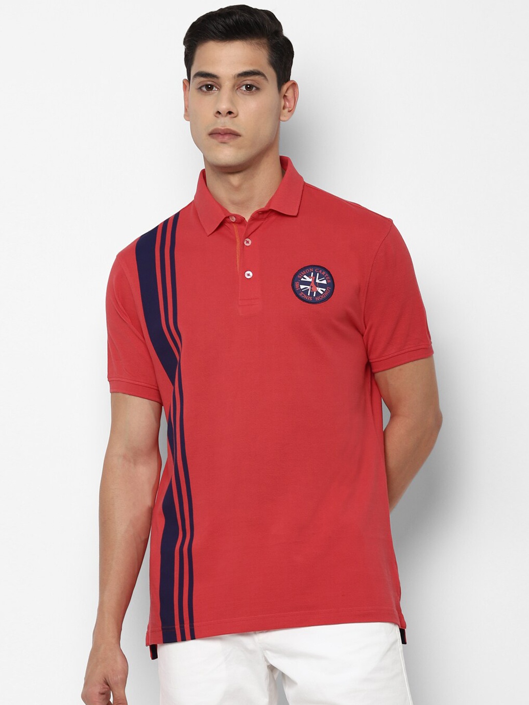 

SIMON CARTER LONDON Men Red & Navy Blue Printed Polo Collar Slim Fit T-shirt