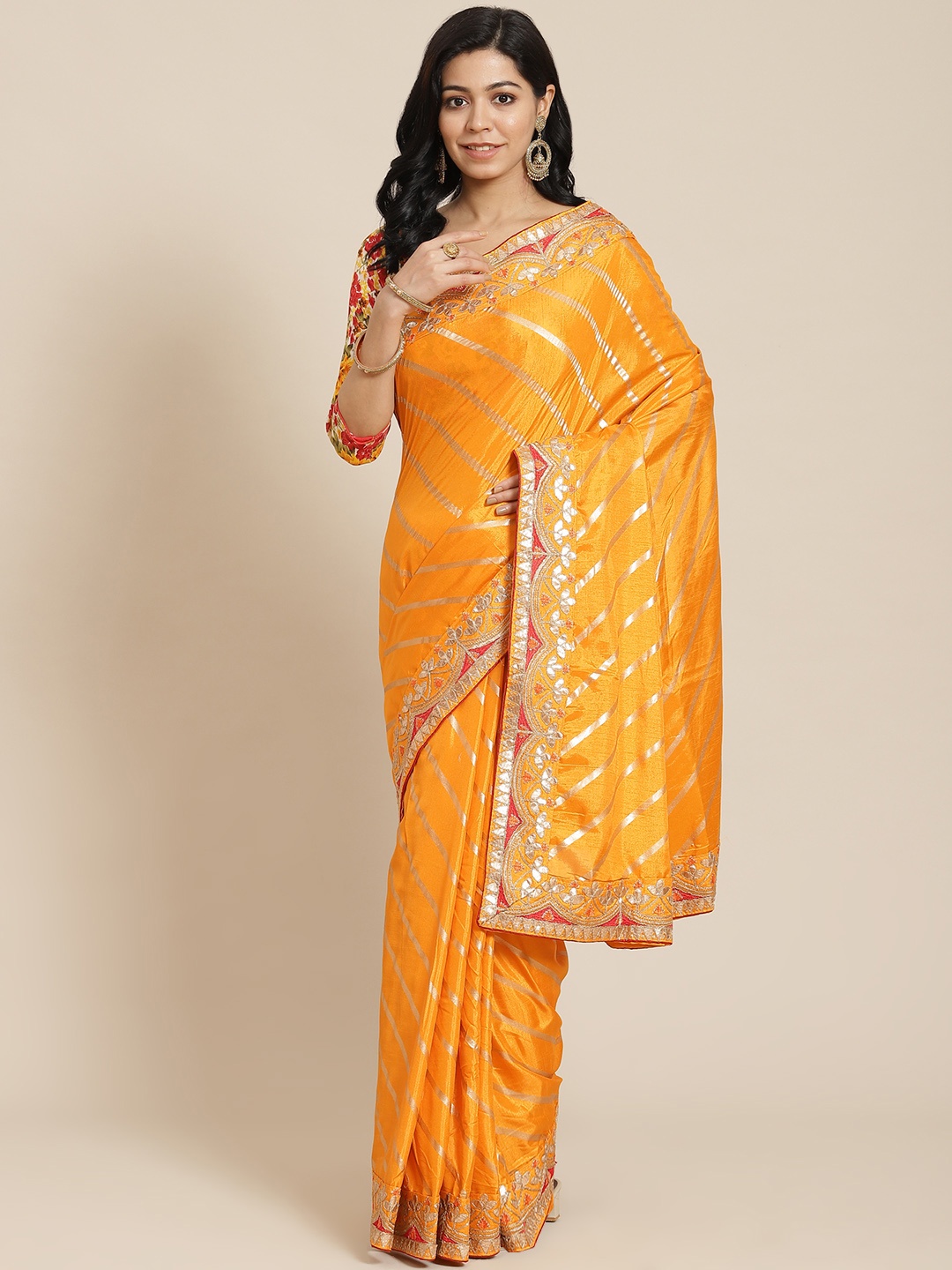 

Chhabra 555 Mustard Yellow Leheriya Silk Blend Leheriya Saree