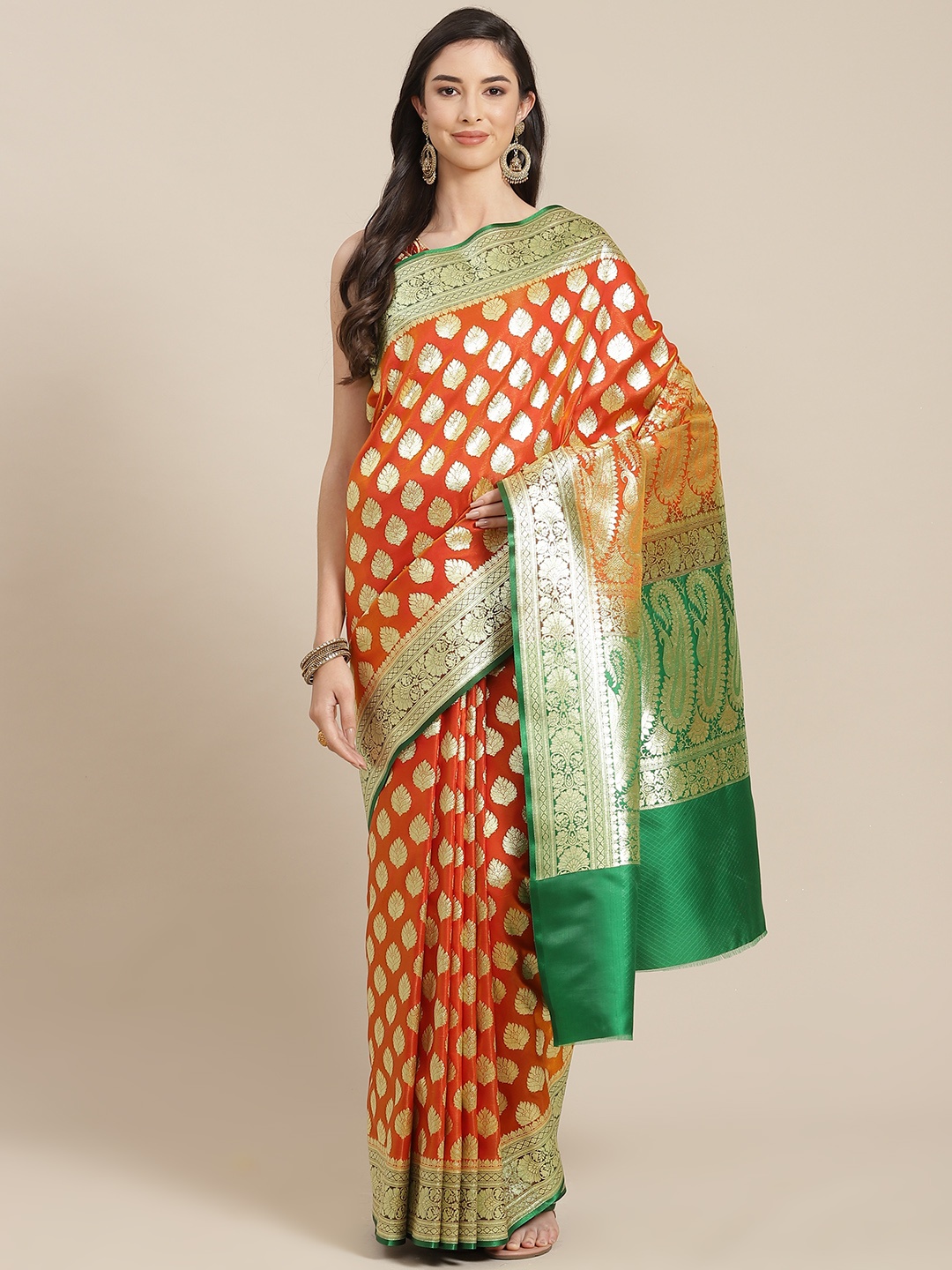 

Chhabra 555 Orange & Gold Ethnic Motifs Zari Silk Blend Kanjeevaram Saree