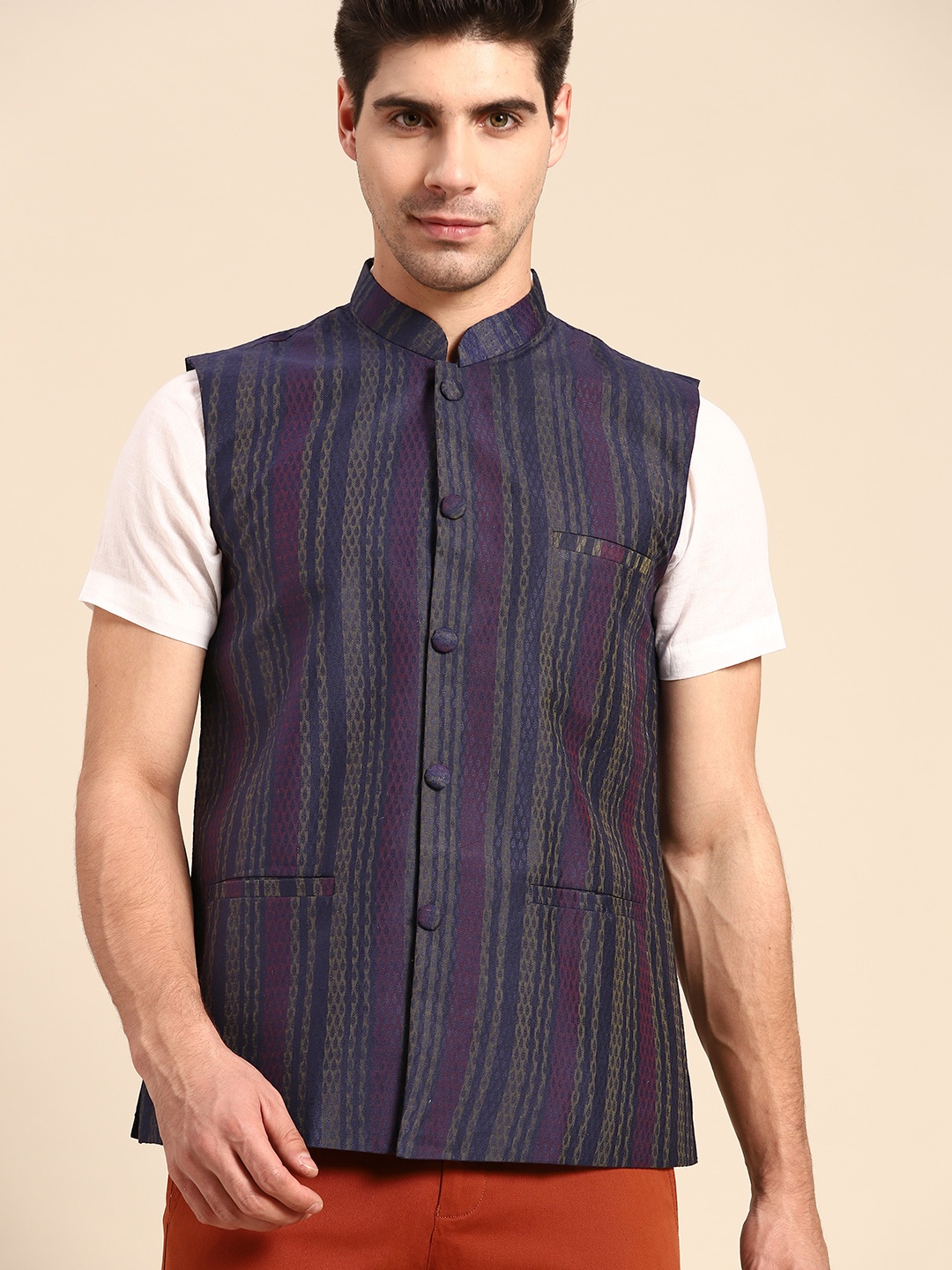 

Anouk Men Navy Blue Woven Design Nehru Jacket