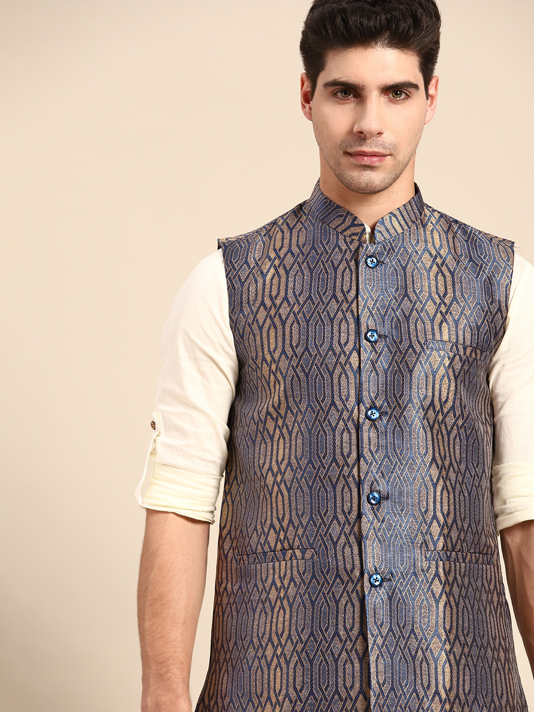 

Anouk Men Navy Blue Ethnic Nehru Jacket