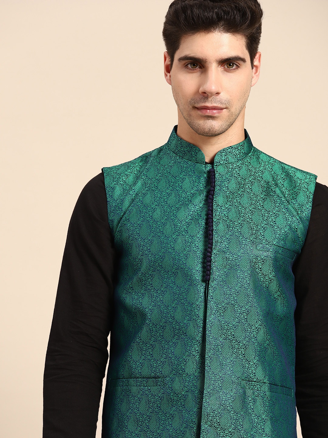 

Anouk Men Green & Navy Blue Woven Design Jacquard Silk Nehru Jacket