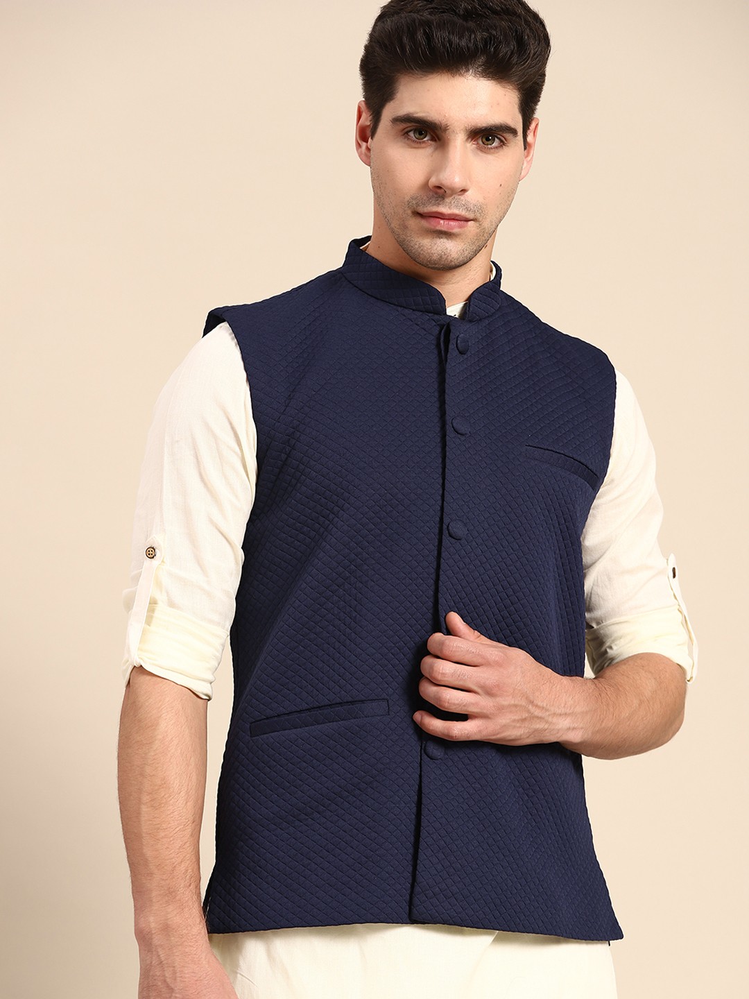 

Anouk Men Navy Blue Self-Design Nehru Jacket