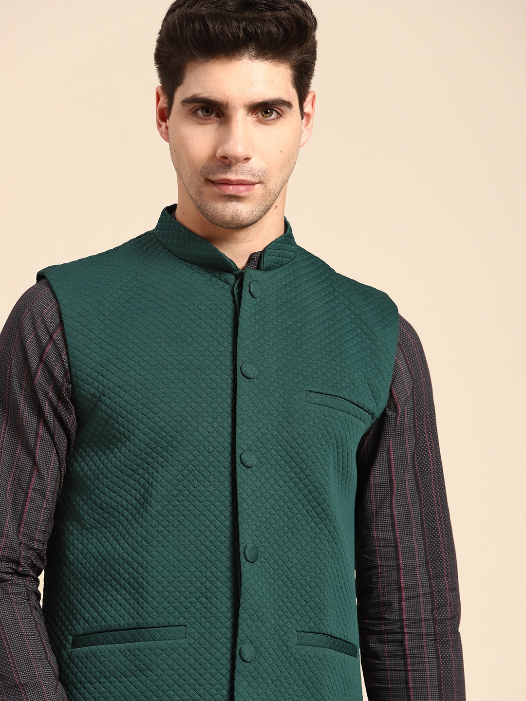 

Anouk Men Green Self-Design Nehru Jacket
