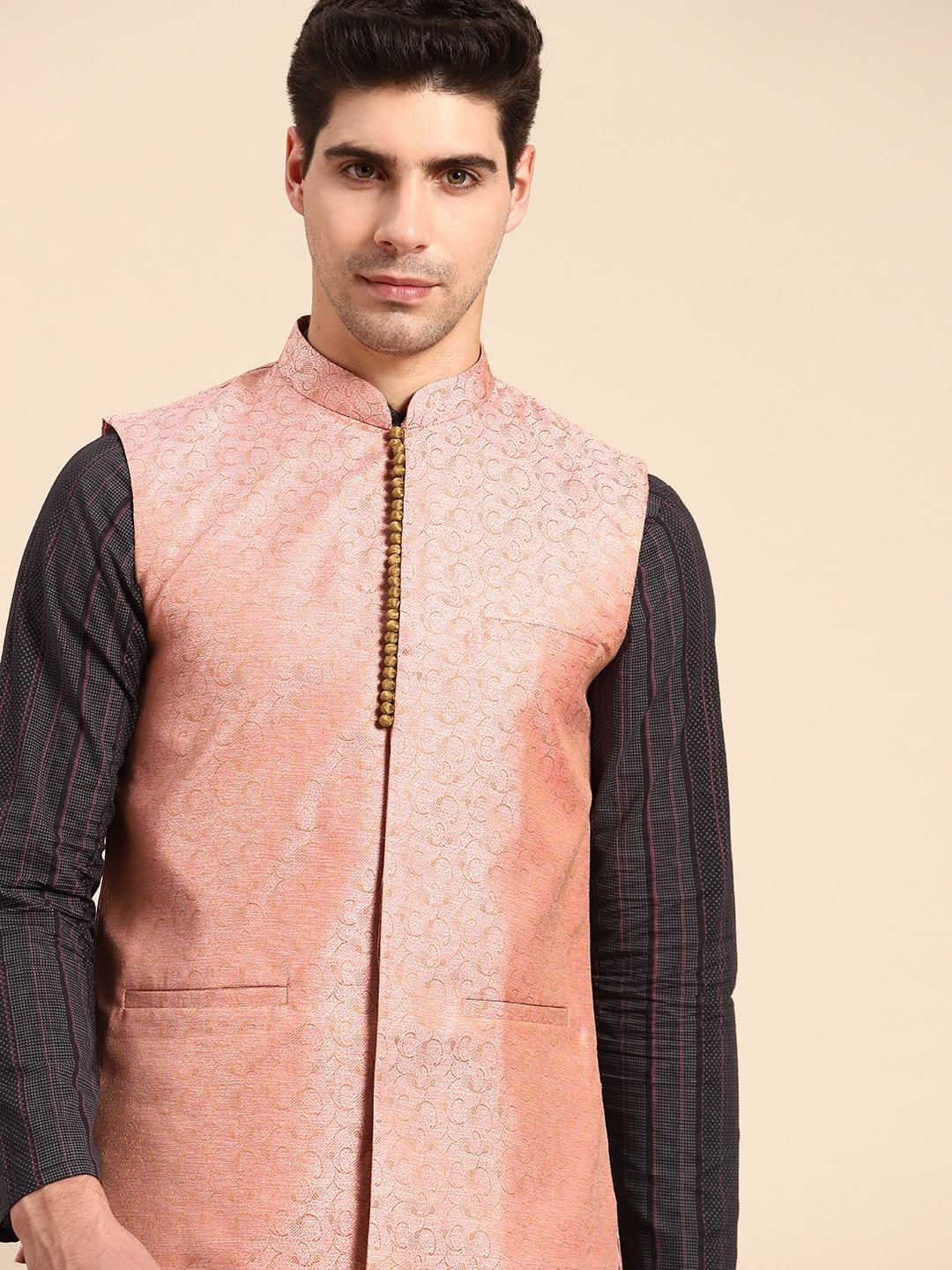 

Anouk Men Pink & Yellow Woven Design Jacquard Silk Nehru Jacket