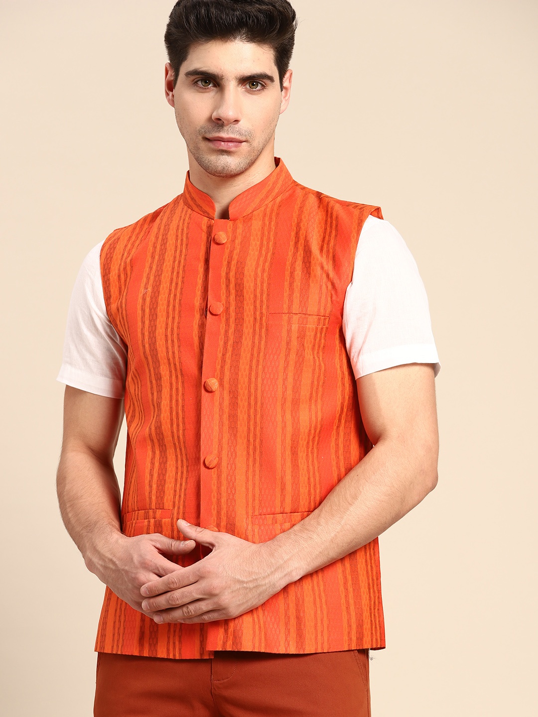 

Anouk Men Orange Woven Design Striped Jacquard Silk Nehru Jacket