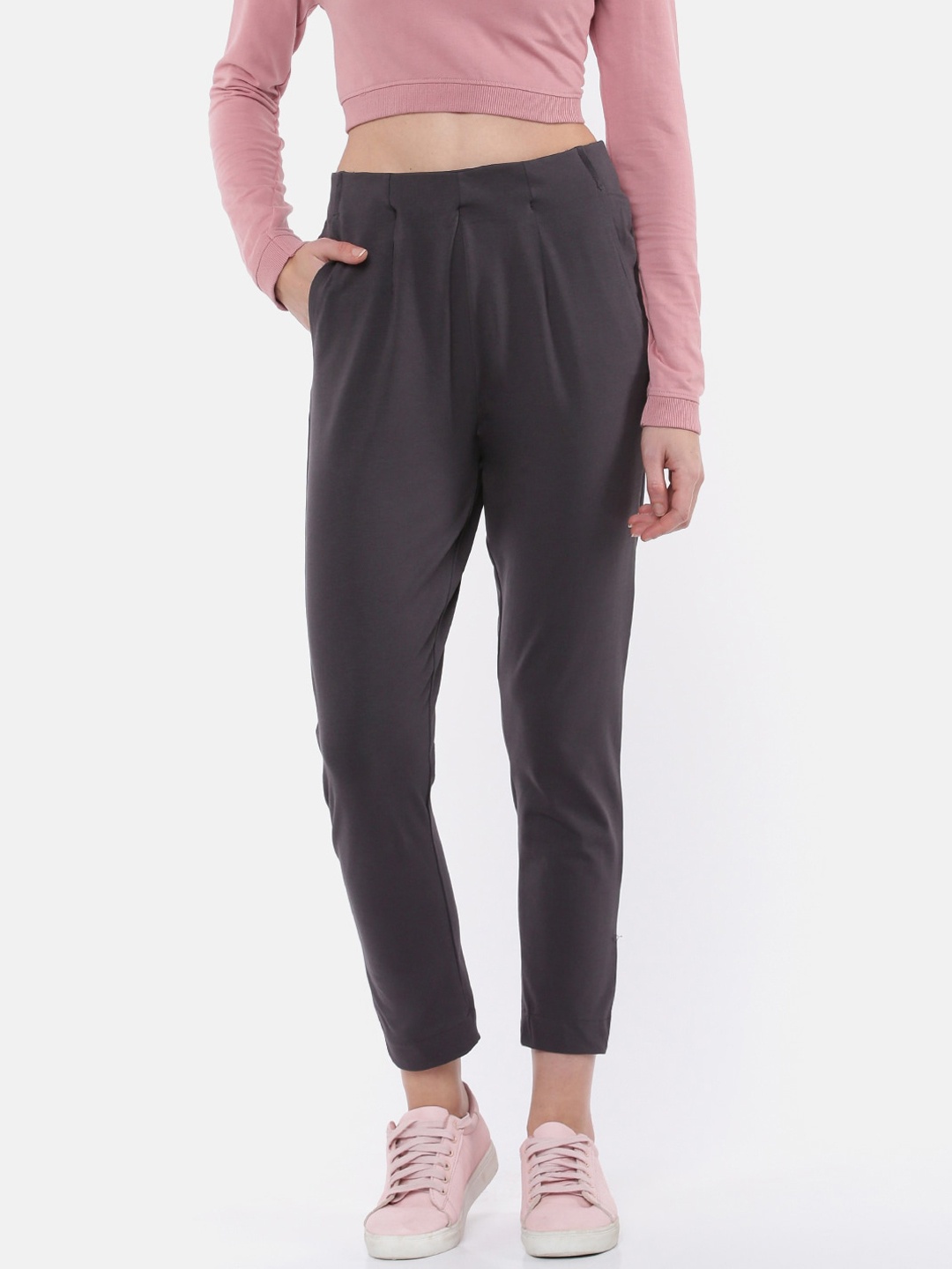 

De Moza Women Grey Straight Fit Pleated Peg Trousers